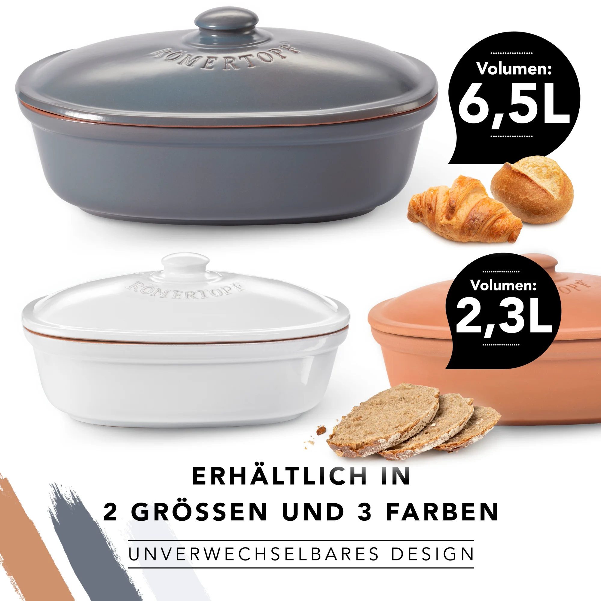 Römertopf Brottopf Maxi – Keramik Brotdose zur optimalen Frischhaltung von Brot Großer Römertopf Brottopf Maxi aus naturbelassenem Ton mit Deckel, seitlichen Griffmulden und eingraviertem "RÖMERTOPF"-Logo, auf weißem Hintergrund.