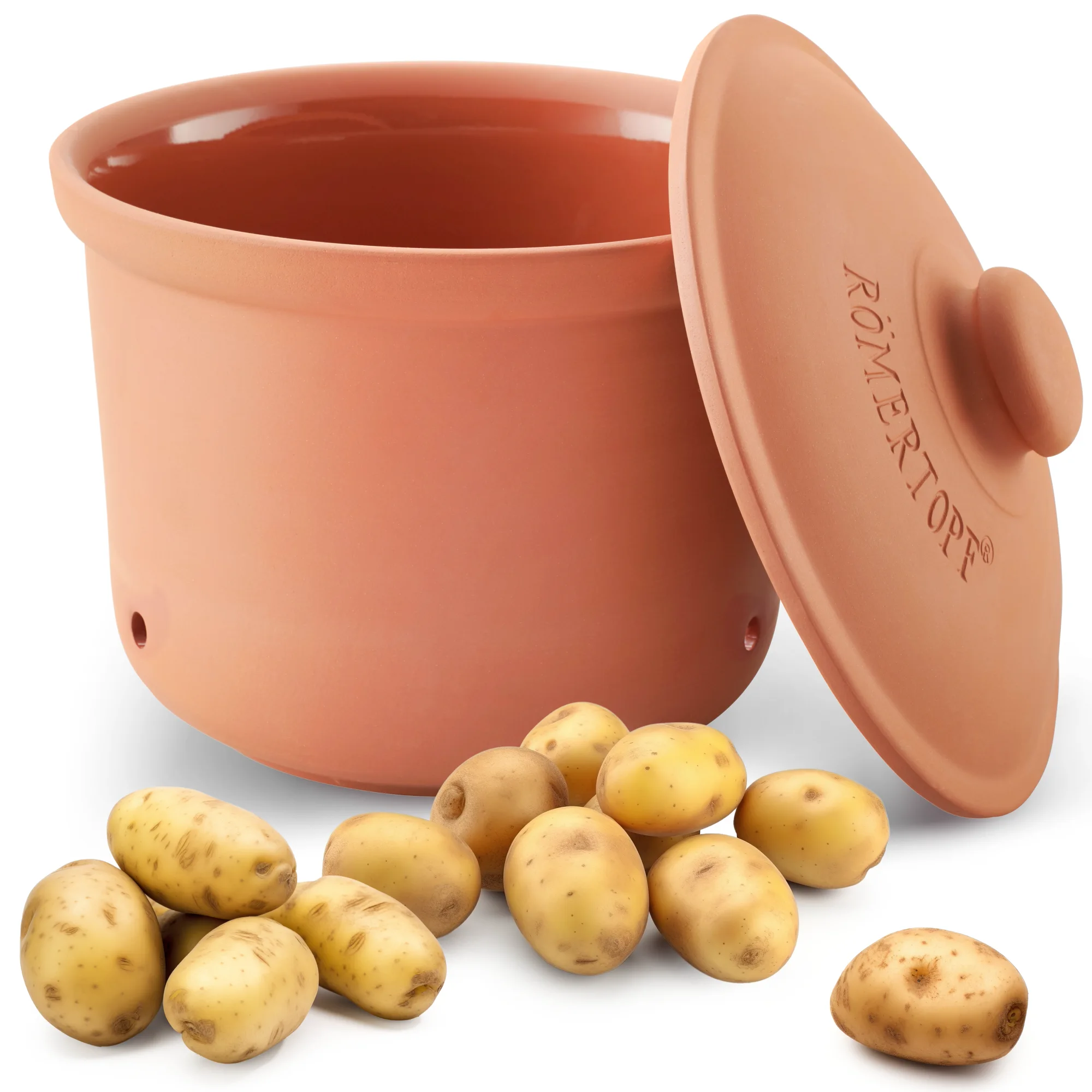 Römertopf Maxi Plus Kartoffeltopf aus Ton mit Deckel – ideal zur Aufbewahrung von Kartoffeln Großer Römertopf Kartoffeltopf Maxi Plus aus naturfarbenem Ton mit Deckel, auf weißem Hintergrund stehend; seitliche Griffe und rote Prägung „RÖMERTOPF“ sichtbar.