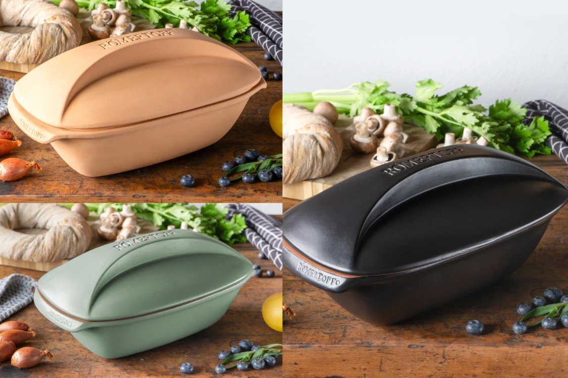 Rechteckiger Römertopf Culinario Bräter aus naturbelassener Tonkeramik mit passendem Deckel, in Braun, auf weißem Hintergrund.