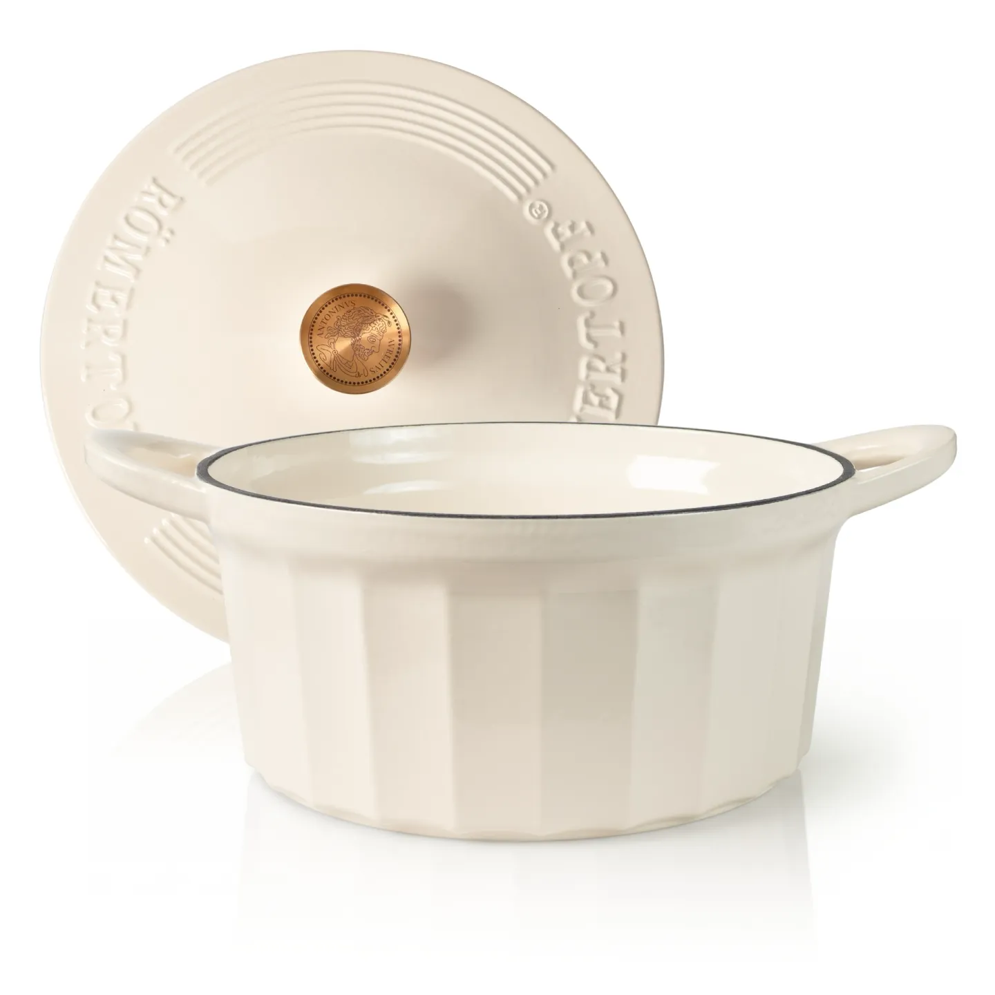 Gusseisen Topf 28 cm in Creme – Römertopf Römertopf Gusseisen Topf 28 cm in Creme, emaillierter Schmortopf mit Deckel für Herd und Backofen