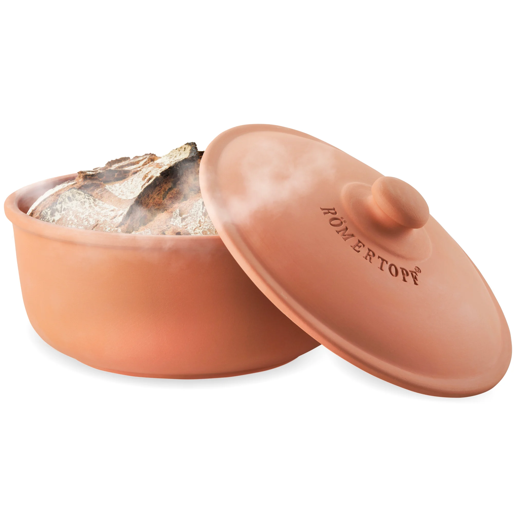 Brotbacktopf rund 2 Liter in Terracotta – Römertopf Runder Römertopf Brotbacktopf 2 Liter in Terracotta mit Deckel auf weißer Oberfläche, natürliche Farbe und Struktur des Tons