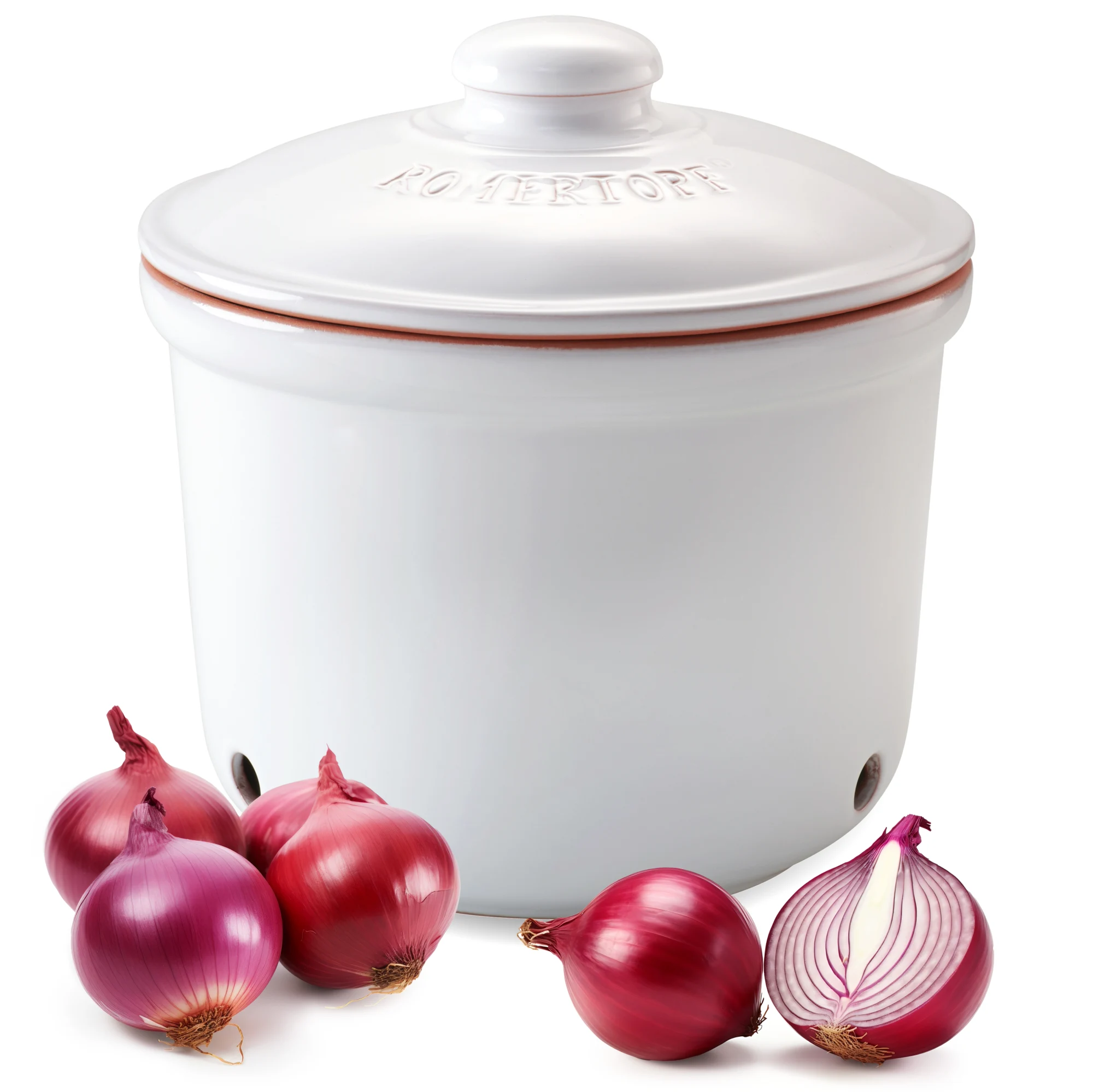Zwiebeltopf MAXI 2,8 Liter Weiß – Römertopf Römertopf Zwiebeltopf MAXI in Weiß, Keramikbehälter mit Deckel, Luftlöchern und seitlichen Griffmulden, neutraler Hintergrund
