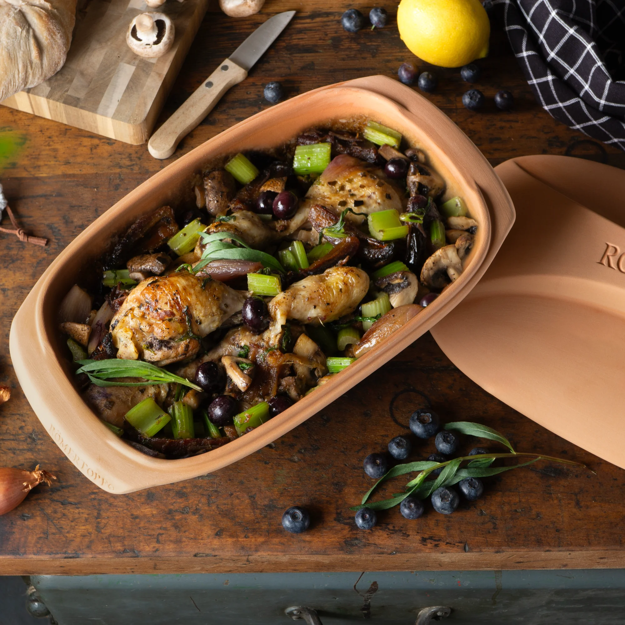 Römertopf Bräter Culinario aus Terrakotta – rustikaler Schmortopf für gesunde Küche Römertopf Bräter Culinario aus naturfarbener Terrakotta mit Deckel, seitlich stehend vor weißem Hintergrund, zeigt die klassische, ovale Form und glatte Oberfläche des Tontopfs.