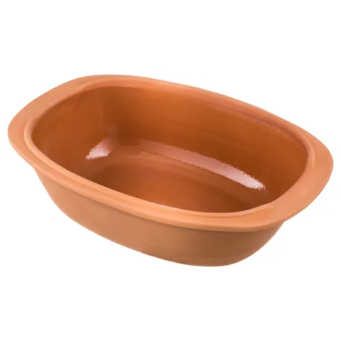 Römertopf Dampfgar-Bräter Trend klein – schonendes Garen im Tontopf Brauner Römertopf Dampfgar-Bräter Modell „Trend klein“ mit Deckel, aus Naturton, auf weißem Hintergrund.
