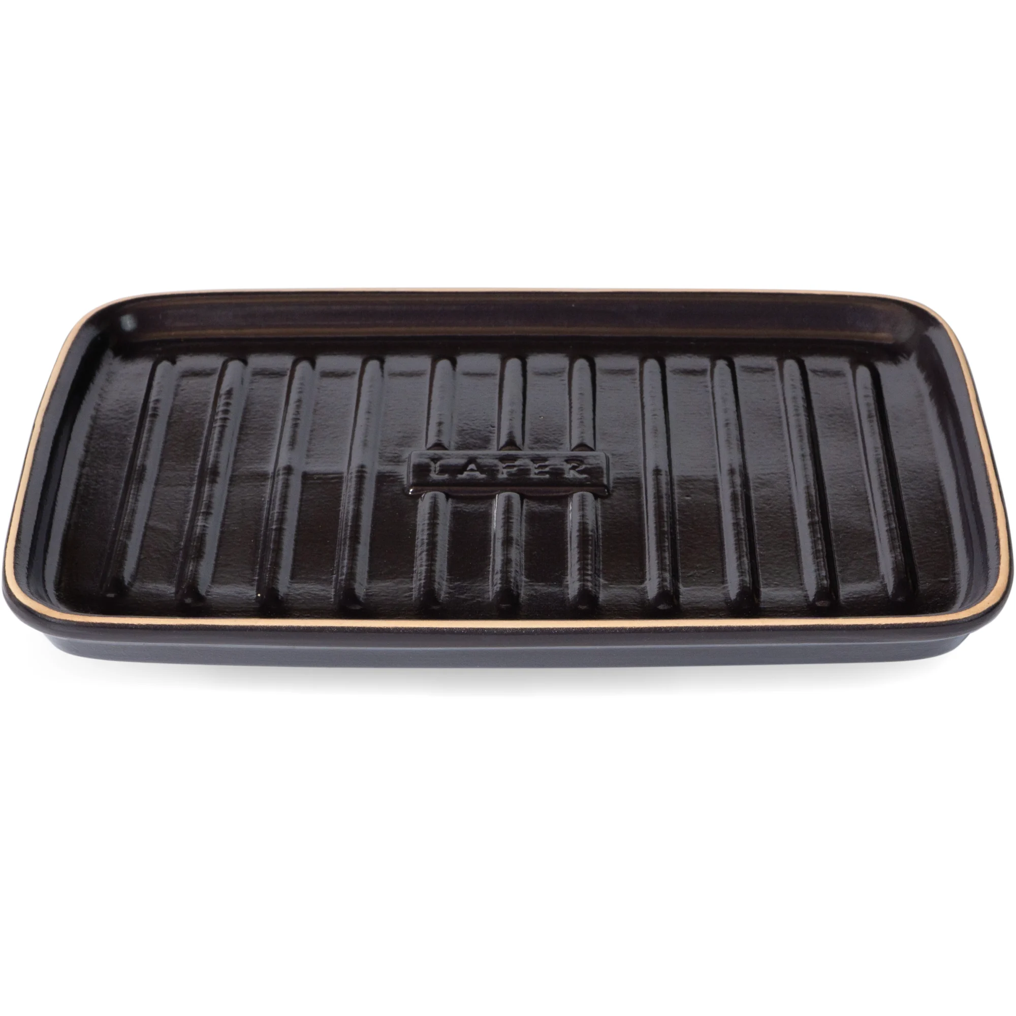 BBQ Plancha rechteckig – Römertopf Rechteckige, flache Plancha-Grillplatte aus Ton von Römertopf mit zwei seitlichen Griffen, auf heller Oberfläche