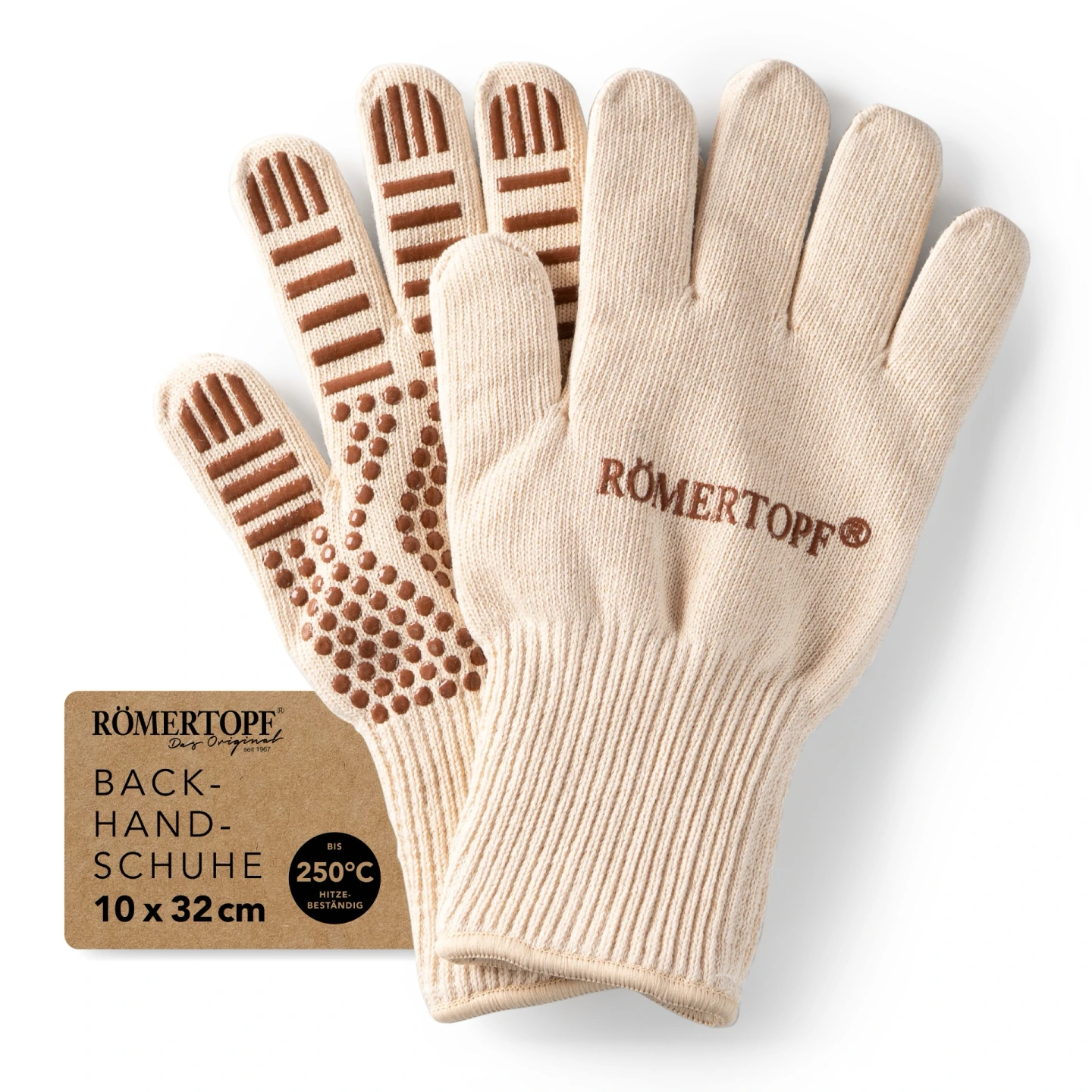 Backhandschuhe 10 × 32 cm bis 250 °C – Römertopf Römertopf Backhandschuhe 10 × 32 cm, Ofenhandschuhe hitzebeständig bis 250 °C mit Silikon-Noppen