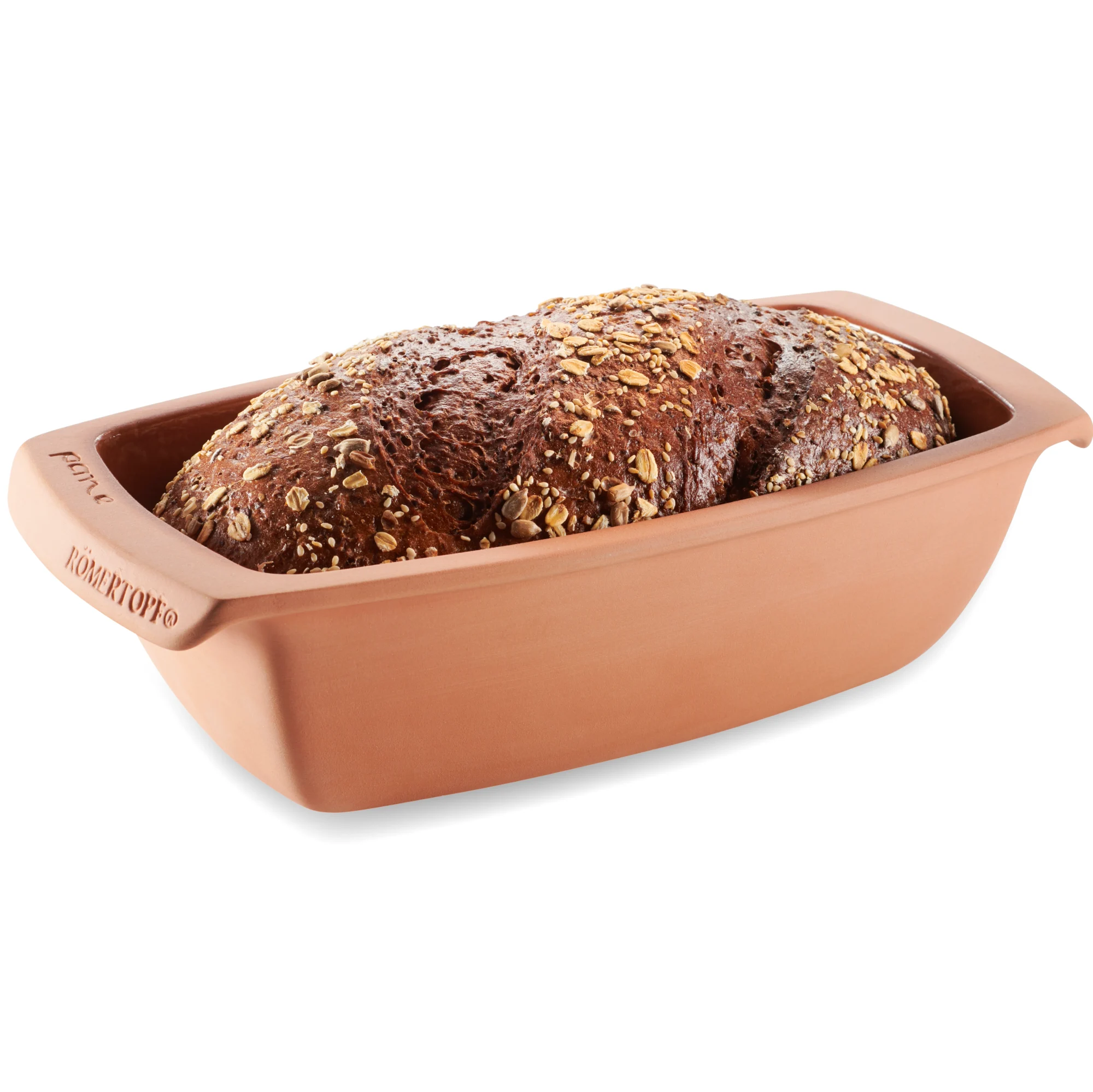 Kastenform aus Ton für Brot und Kuchen – Römertopf Rechteckige Römertopf-Kastenform aus naturfarbenem Ton mit geriffeltem Deckel auf weißem Hintergrund