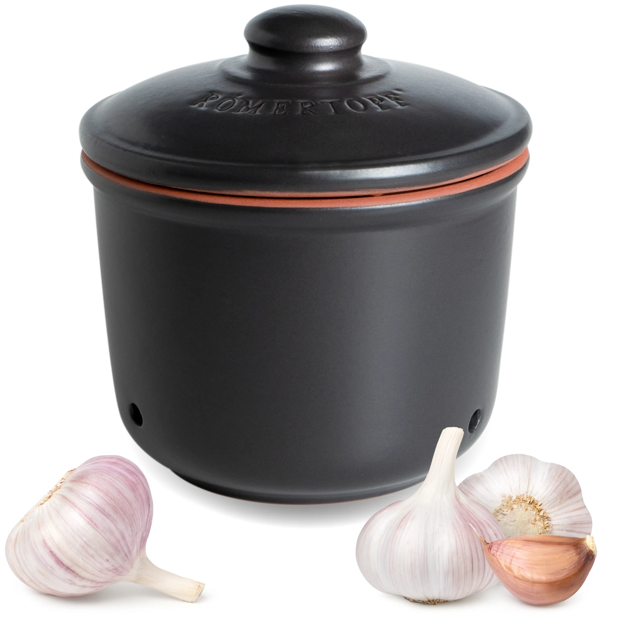 Römertopf Knoblauch-Frischetopf Mini schwarz – luftdichter Keramikbehälter zur natürlichen Aufbewahrung von Knoblauch Schwarzer Römertopf-Keramiktopf in Mini-Größe mit Deckel, zur Aufbewahrung von Knoblauch, auf weißem Hintergrund.