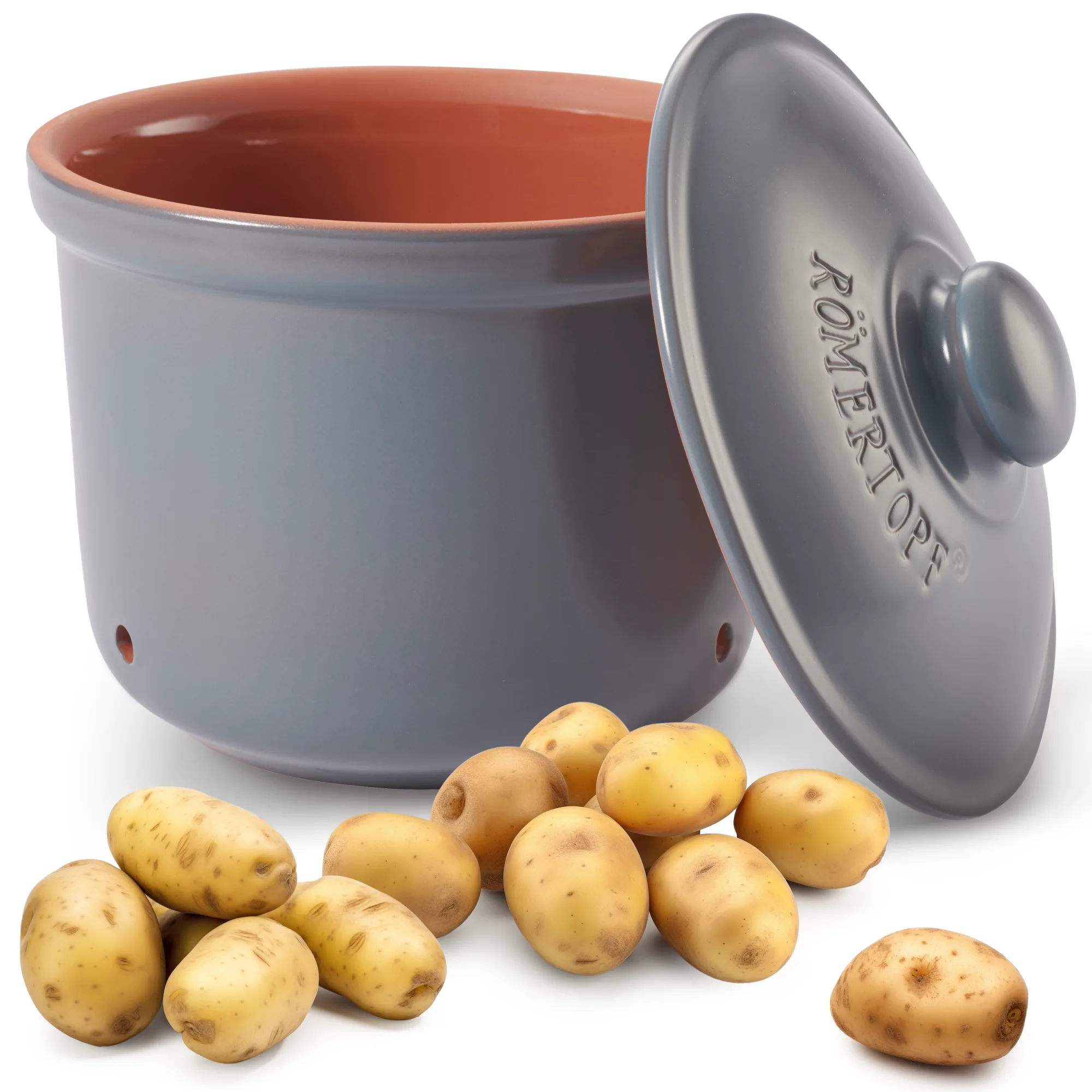 Römertopf Kartoffeltopf Maxi Plus blaugrau – Keramiktopf zur optimalen Lagerung von Kartoffeln Blaugrauer Römertopf-Kartoffeltopf in Maxi Plus-Größe mit Deckel, seitlichen Griffen und dezentem Schriftzug „Römertopf“ auf dem Deckel, vor neutralem Hintergrund.