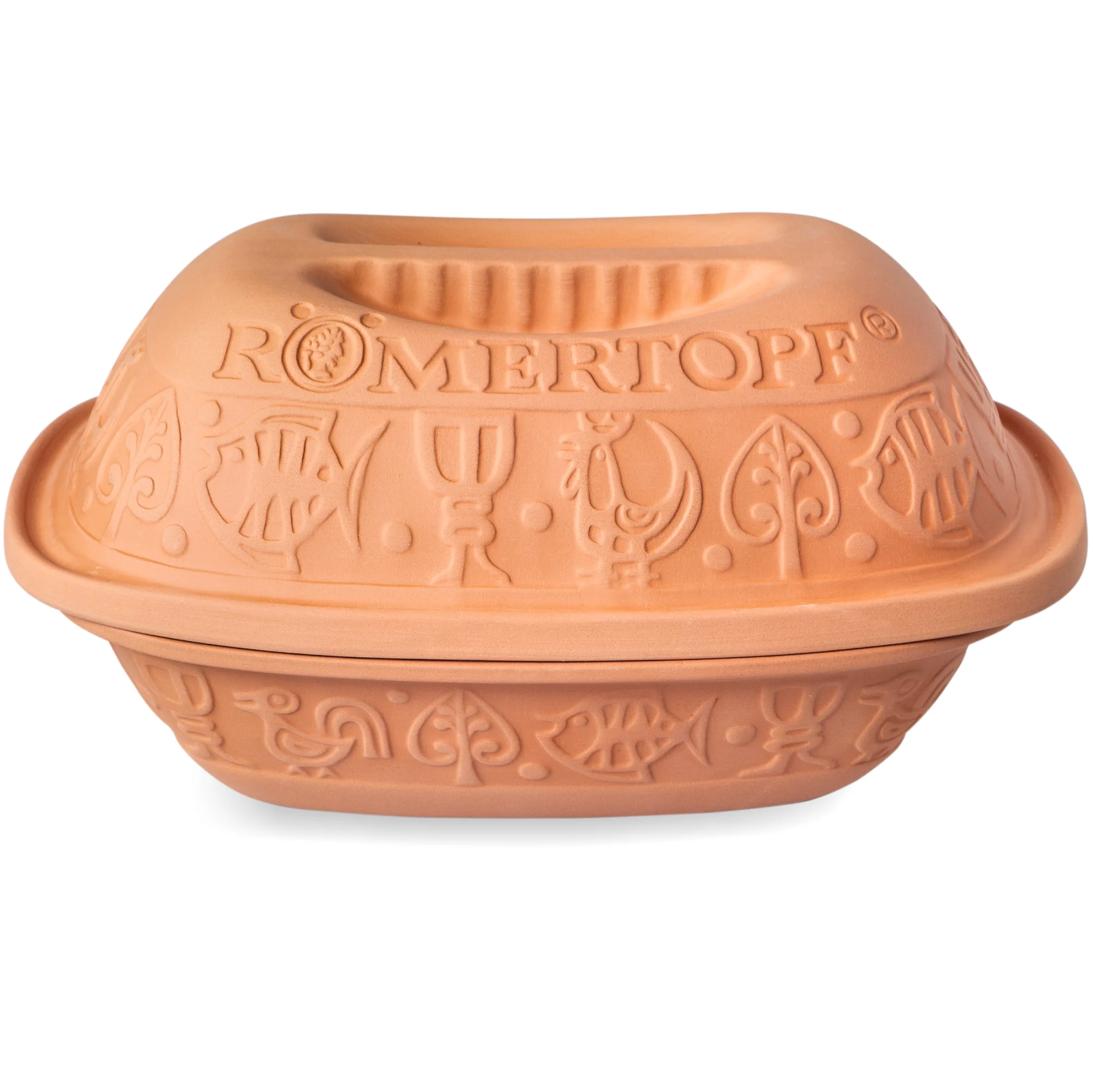 Römertopf Bräter klassisch für 2 Personen – Tontopf zum gesunden Kochen Römertopf Bräter für zwei Personen aus naturfarbenem Ton, mit verziertem Deckel und rechteckiger Form, auf weißem Hintergrund.