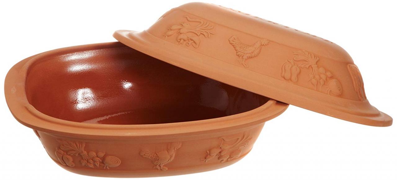 Römertopf Brottopf oval aus Naturton mit Deckel – Brotkasten zur natürlichen Aufbewahrung von Brot und Brötchen – Made in Germany Römertopf-Bräter aus naturbelassenem Ton mit Deckel, auf weißem Hintergrund; der ovale Bräter zeigt durch seine strukturierte Oberfläche und traditionelle Form das klassische Design für fettfreies, schonendes Garen im Ofen.