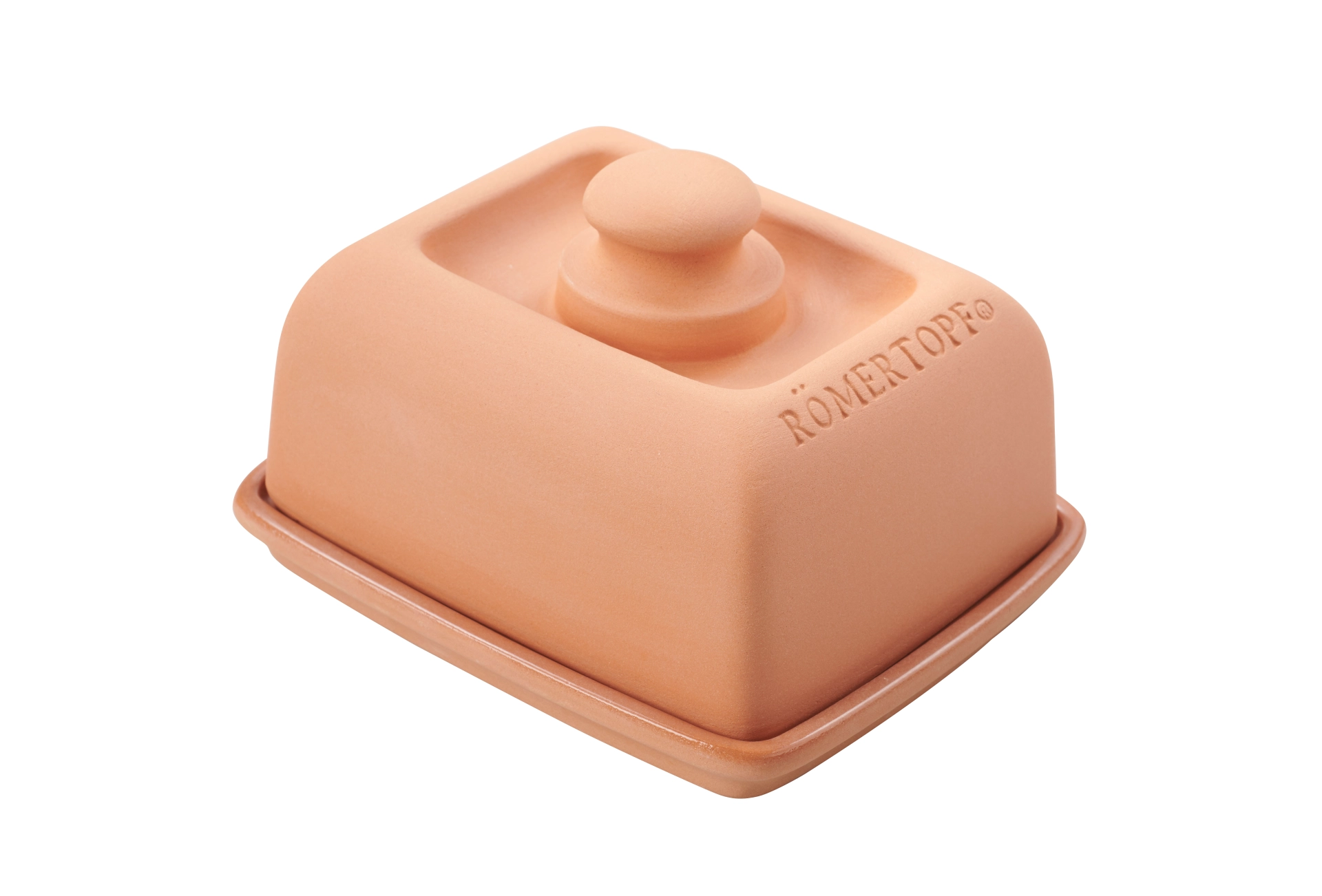 Klima-Butterdose aus Naturton – Römertopf Römertopf Klima-Butterdose aus Keramik in Naturton, zweiteilig mit Deckel, auf weißem Hintergrund