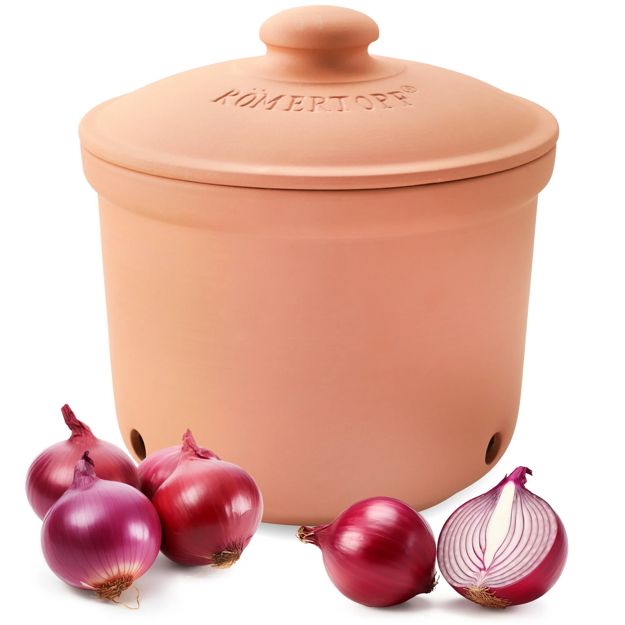 Zwiebeltopf MAXI 2,8 Liter Terracotta – Römertopf Römertopf Zwiebeltopf MAXI 2,8 Liter in Terracotta, Vorratstopf aus Ton mit Deckel und Belüftungslöchern