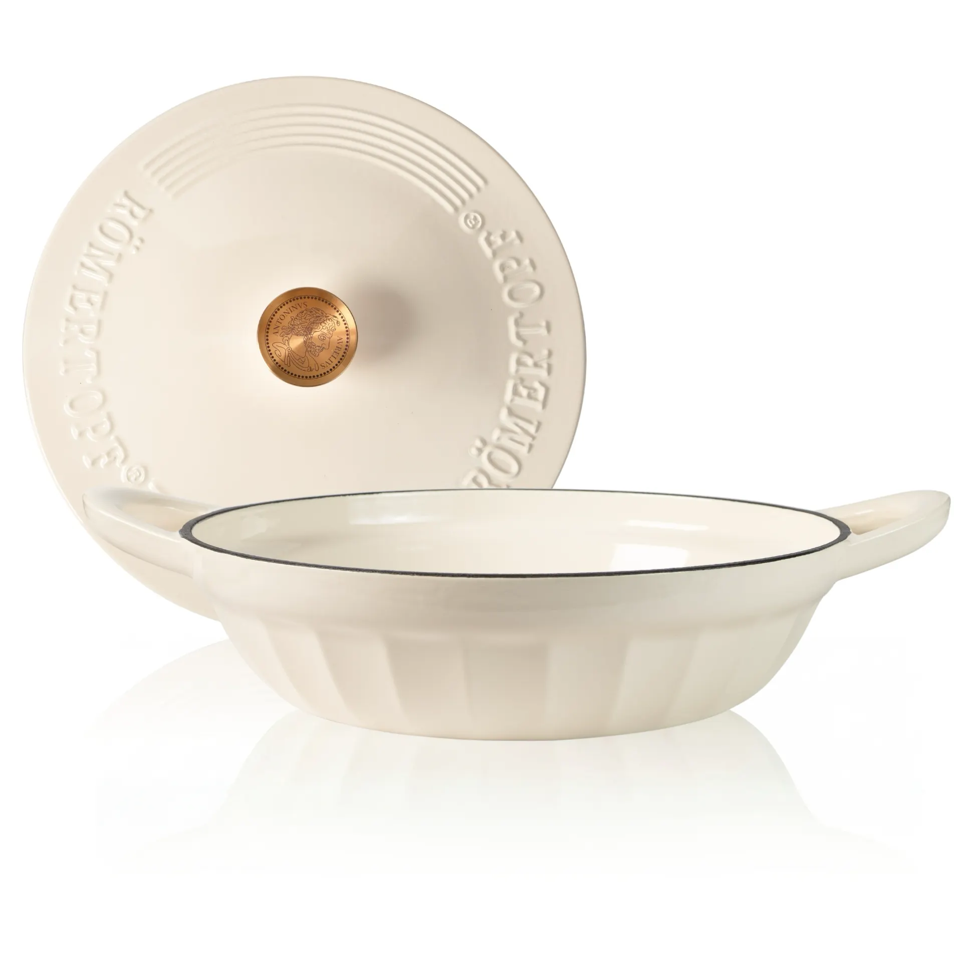Gusseisen Schmorpfanne in Creme – Römertopf Römertopf Gusseisen Schmorpfanne 28 cm in Creme, emailliert, mit Deckel