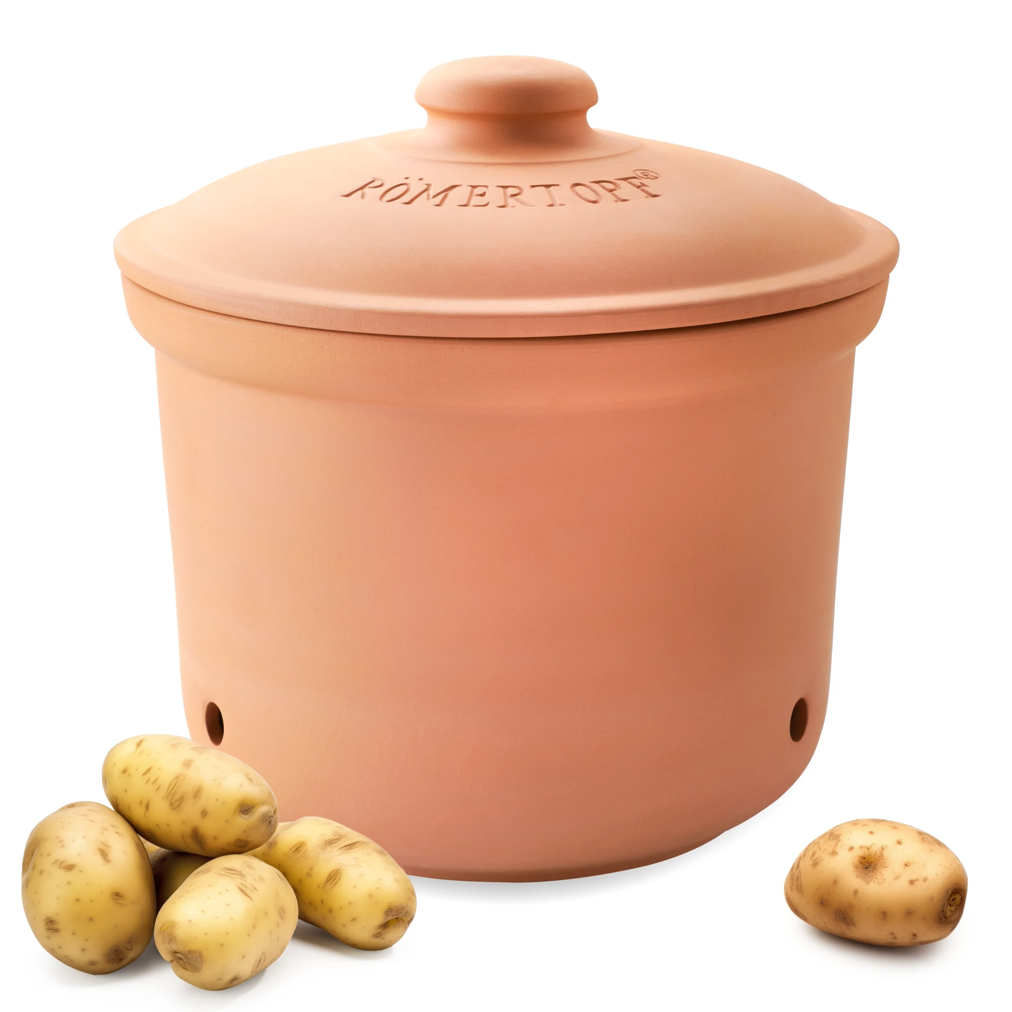 Römertopf Kartoffeltopf Maxi Plus aus Terracotta mit Deckel – nachhaltiger Tontopf zur Kartoffelaufbewahrung Großer Römertopf Kartoffeltopf in Terrakotta mit glatter, glanzfreier Oberfläche und belüftetem Deckel; auf weißem Hintergrund stehend.