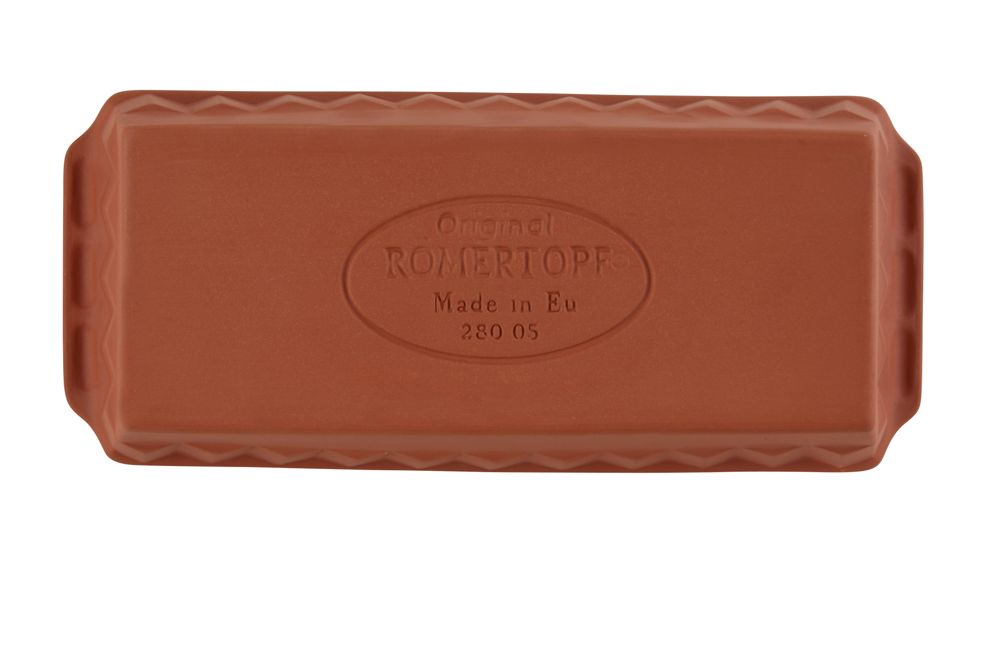 Kastenform Kuchen in Römertopf Backform aus Naturton – Saftiges Backergebnis ohne Ankleben Rechteckige Römertopf-Kastenform aus gebranntem Ton, mit geriffelter Innenseite und zwei seitlichen Griffmulden, auf hellem Untergrund stehend.