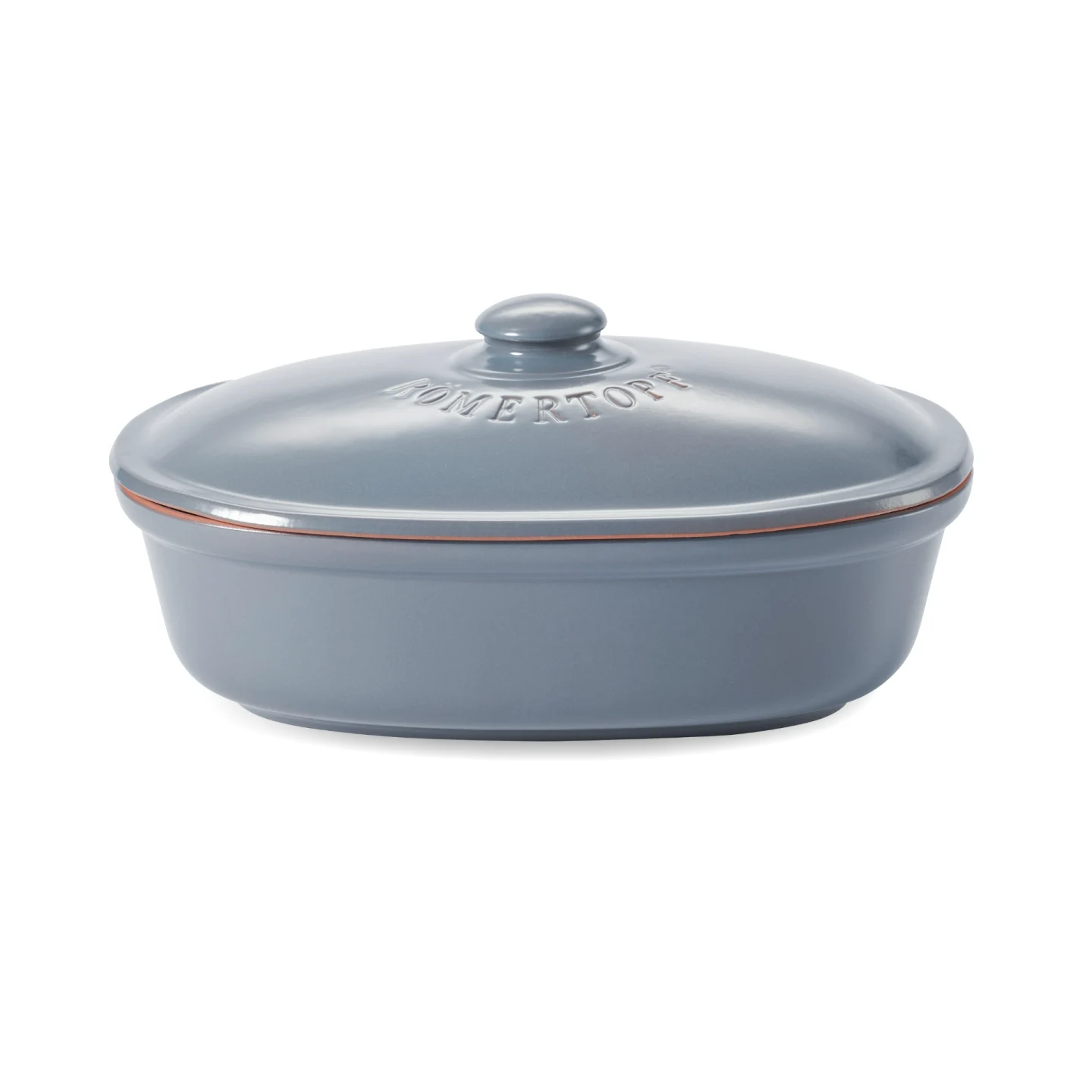 Brottopf oval MEDI 2,3 Liter in Blaugrau – Römertopf Ovaler Römertopf Brottopf MEDI 2,3 Liter aus Keramik in Blaugrau mit Deckel und Lüftungslöchern, auf heller Oberfläche