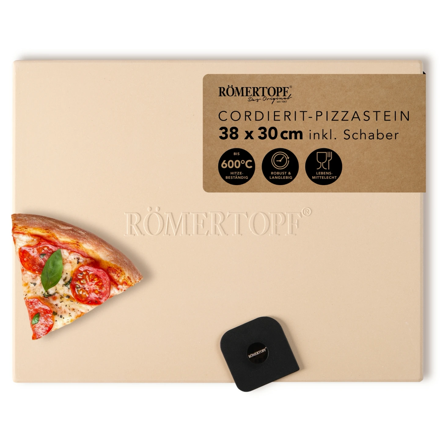 Pizzastein 38 × 30 cm aus Cordierit – Römertopf Römertopf Pizzastein 38 × 30 cm, rechteckiger Backstein aus Cordierit für Backofen und Grill