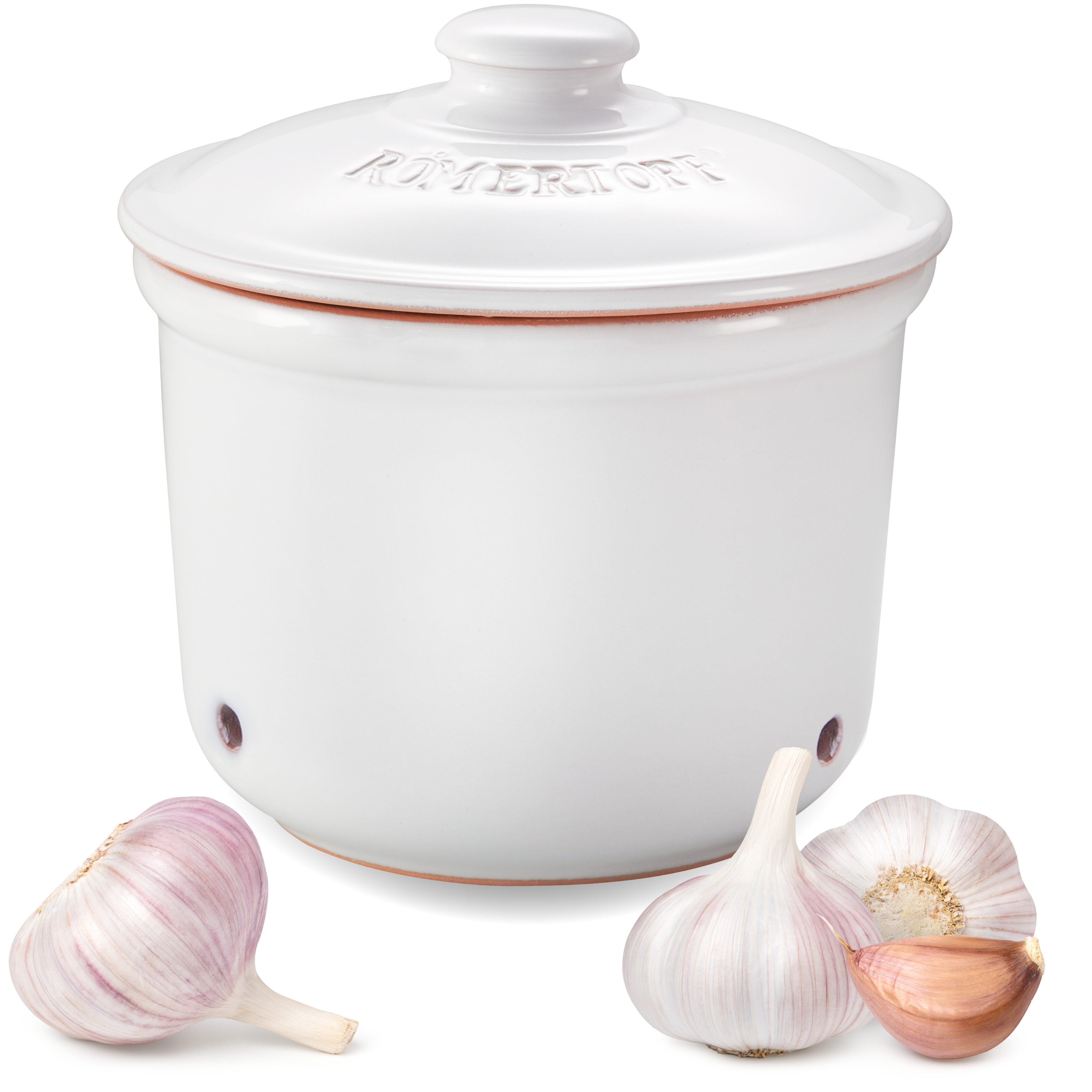 Römertopf Knoblauch-Frischetopf Mini in Weiß – Keramiktopf zur luftdichten Aufbewahrung von Knoblauch Weißer, bauchiger Römertopf-Keramikbehälter mit Deckel und seitlichen Lüftungslöchern, speziell zur Aufbewahrung von Knoblauch, vor weißem Hintergrund.