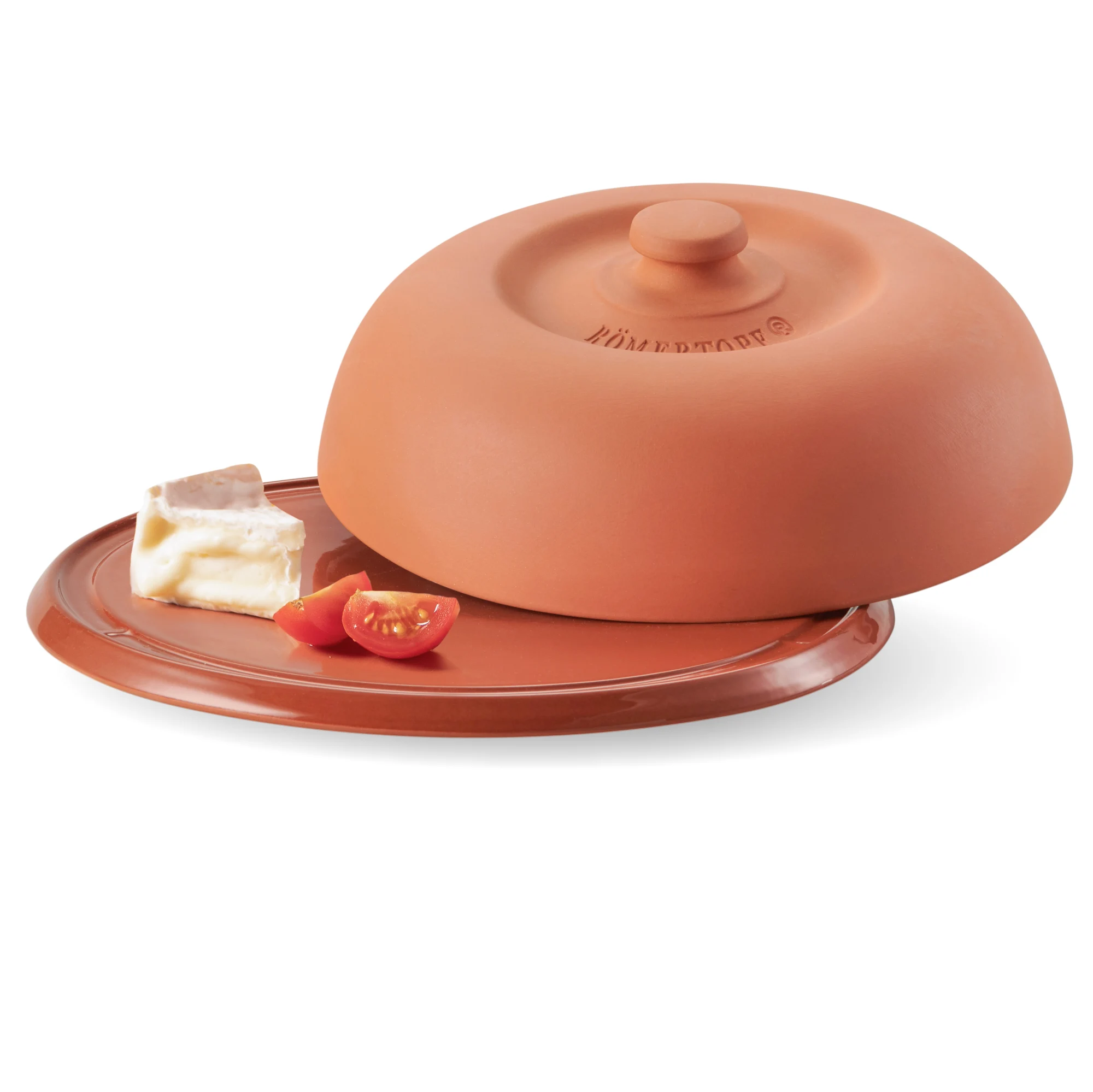 Klima-Brotzeitplatte mit Cloche – Römertopf Römertopf Klima-Brotzeitplatte aus rotem Naturton mit passender Cloche, 30 × 30 × 15 cm
