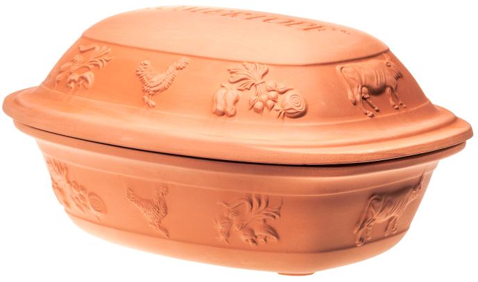 Römertopf Rustico Bräter aus Naturton mit Deckel – Traditioneller Tontopf zum schonenden Garen Brauner Römertopf aus Ton mit Deckel, in rechteckiger Form, auf weißem Untergrund vor neutralem Hintergrund.