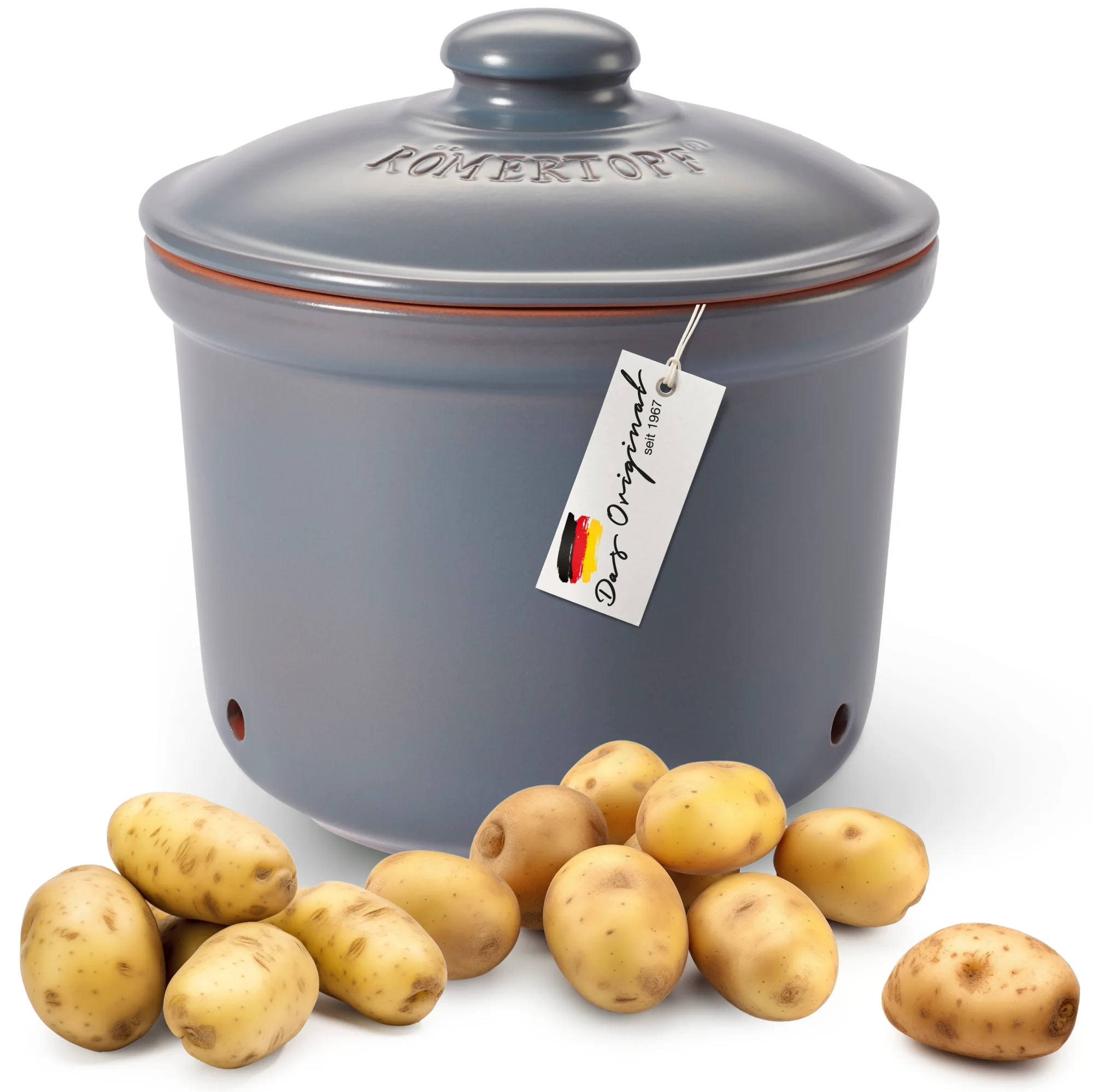 Römertopf Kartoffeltopf Maxi Plus blaugrau – Keramiktopf zur Kartoffellagerung Blaugrauer Römertopf Kartoffeltopf Maxi Plus mit Deckel, aus Naturton gefertigt, steht auf weißem Hintergrund; der runde Topf hat seitliche Griffe und eine strukturierte Oberfläche.