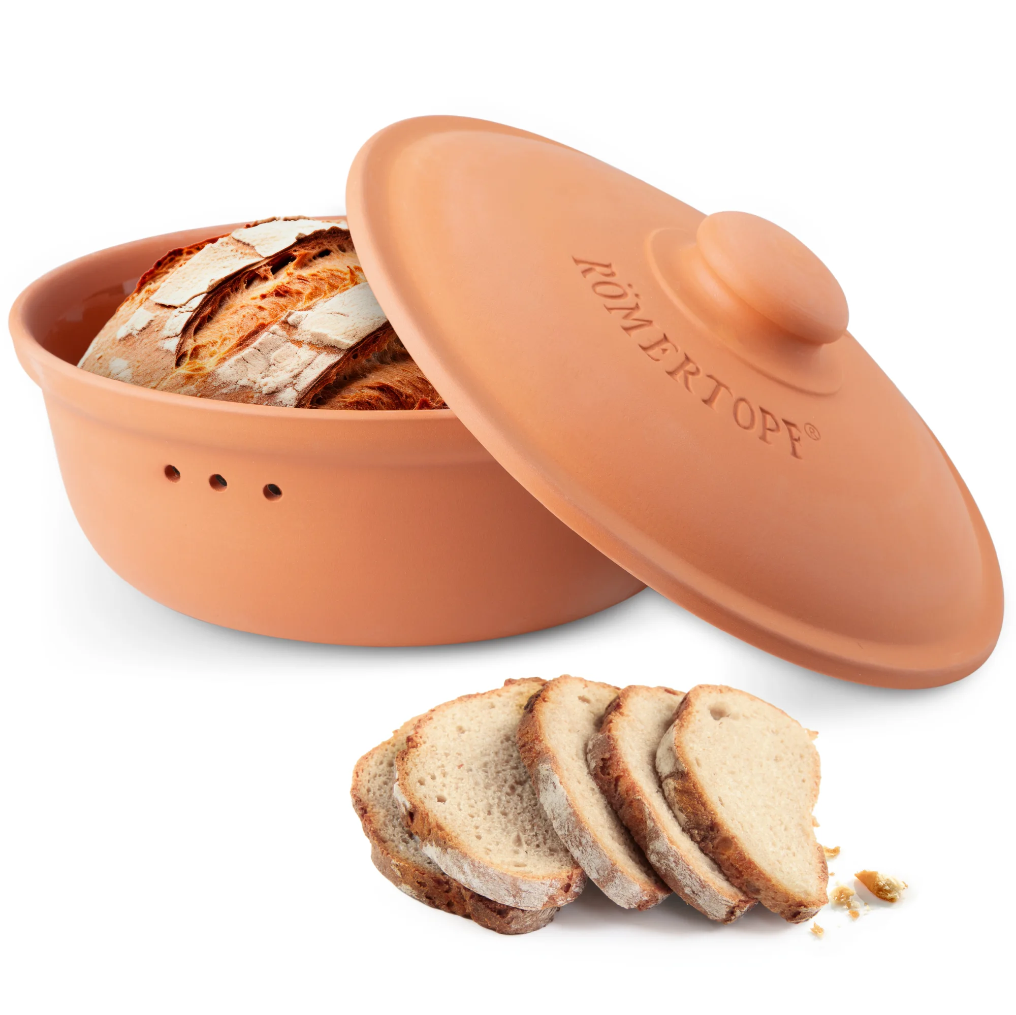 Römertopf Brottopf rund aus Naturton mit Deckel – Frischetopf zur Brotaufbewahrung Runder Römertopf Brottopf aus naturfarbenem Ton mit belüftetem Deckel und seitlichen Griffmulden, stehend auf weißem Hintergrund.