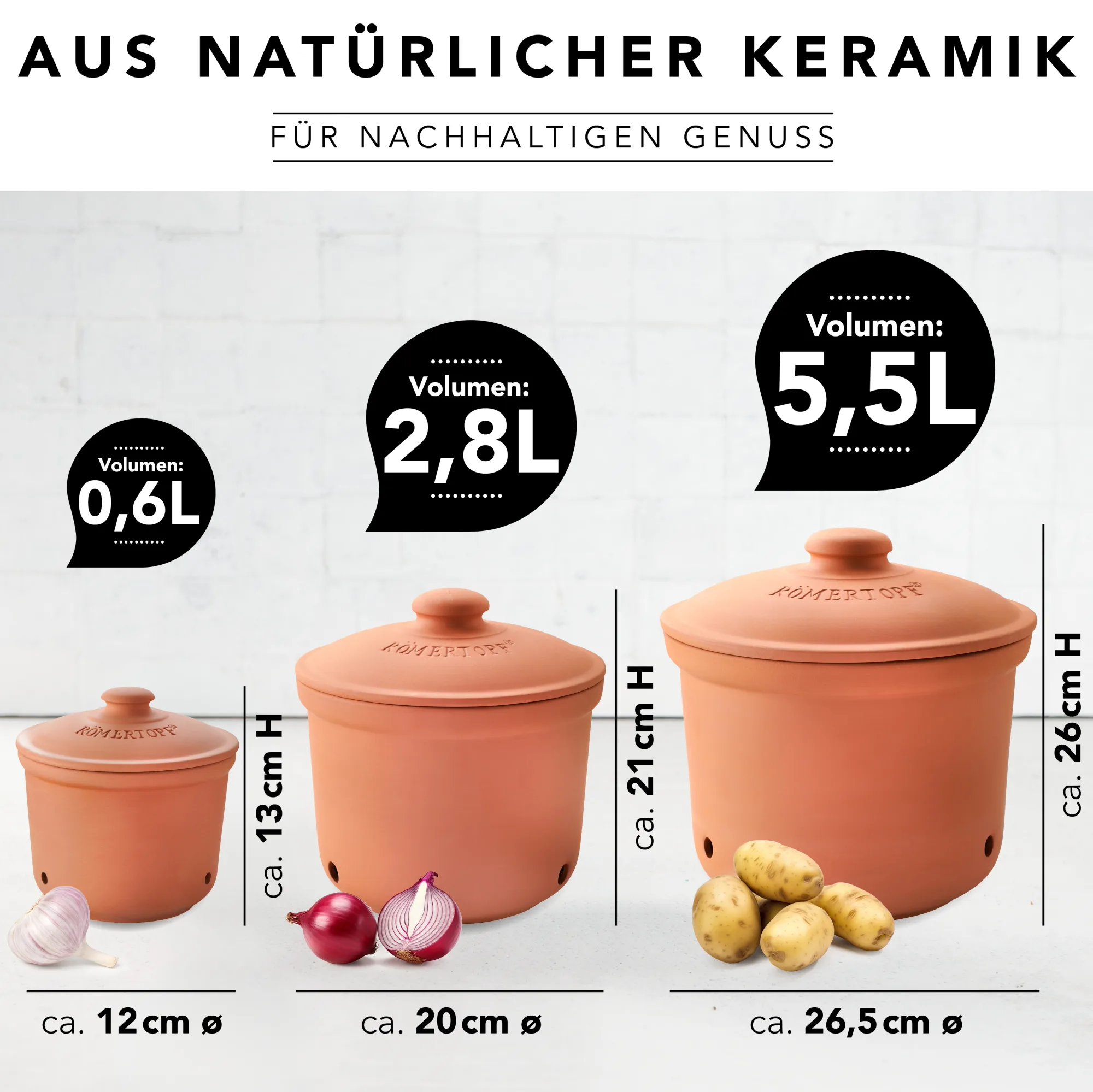Römertopf Vorratstopf Set aus Terrakotta – luftdichtes Keramik-Topf Set zur Aufbewahrung von Lebensmitteln Zwei Vorratstöpfe aus natürlicher Terrakotta mit Deckel auf weißem Hintergrund; ein kleinerer Topf für Knoblauch mit seitlichen Belüftungslöchern und ein größerer Topf für Zwiebeln mit Luftlöchern und eingeprägtem Schriftzug „Zwiebeln“.