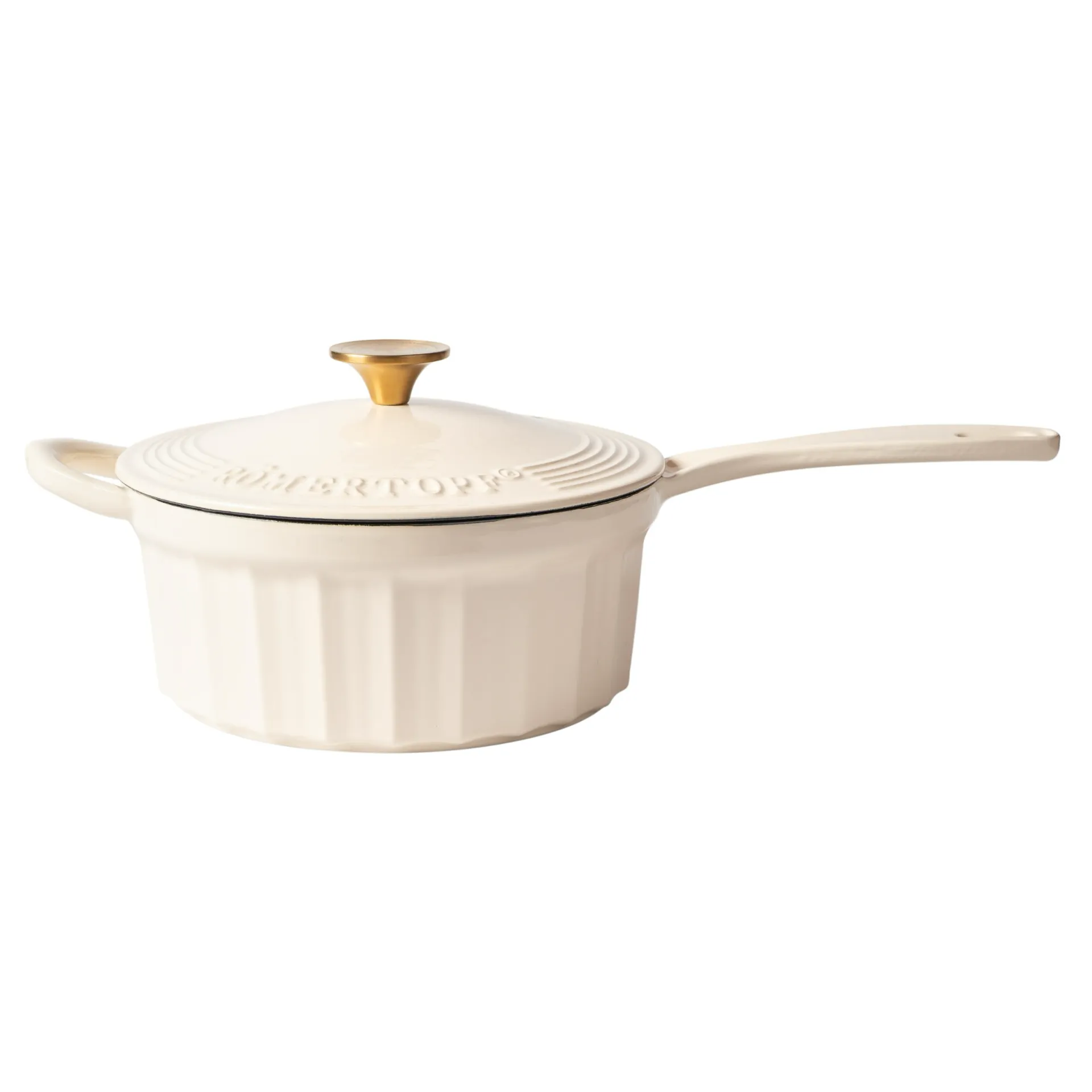 Gusseisen Stielkasserolle Creme – Römertopf Römertopf Stielkasserolle aus emailliertem Gusseisen in Creme, 22 cm, 2,3 Liter, mit langem Stiel