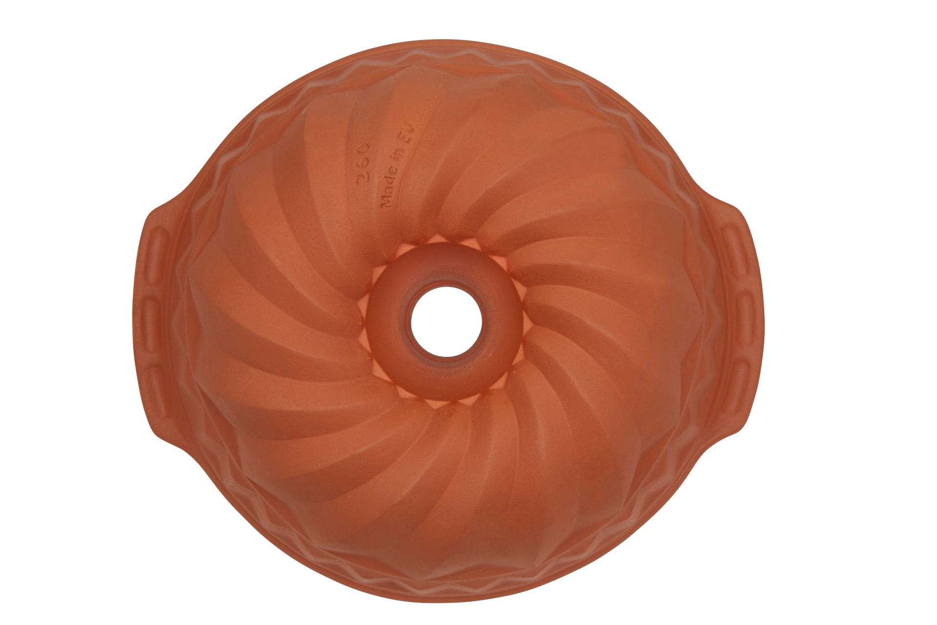 Römertopf Gugelhupf Kuchenform aus Naturton – Backform für saftige Kuchen Römertopf Gugelhupf-Kuchenform aus rotbraunem Ton, seitlich dargestellt auf weißem Hintergrund.