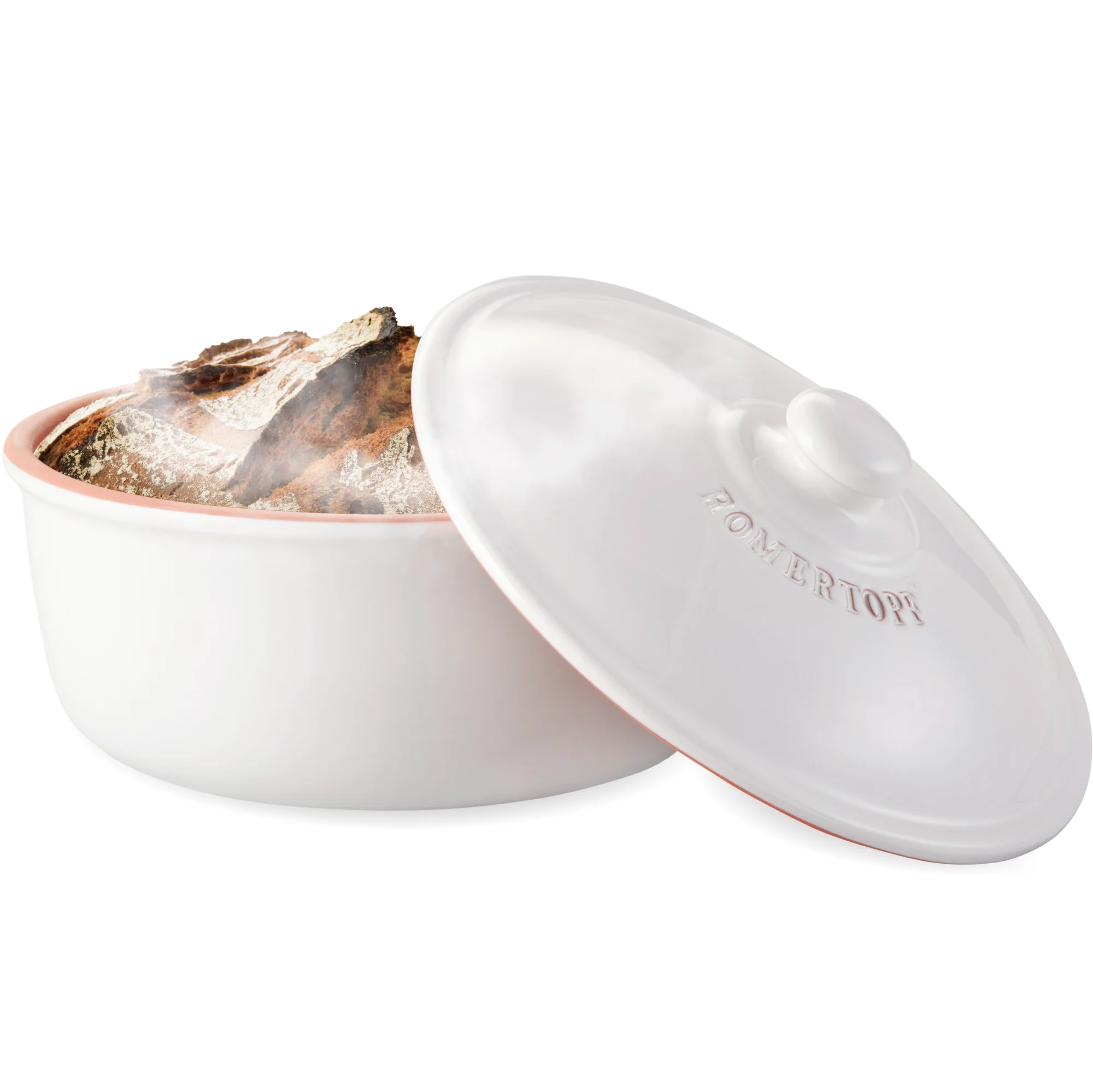 Römertopf Brot-Backtopf aus Keramik in Weiß – Ideal zum Backen von Brot im Backofen Weißer Römertopf aus Keramik mit Deckel, speziell zum Backen von Brot, auf weißem Hintergrund.