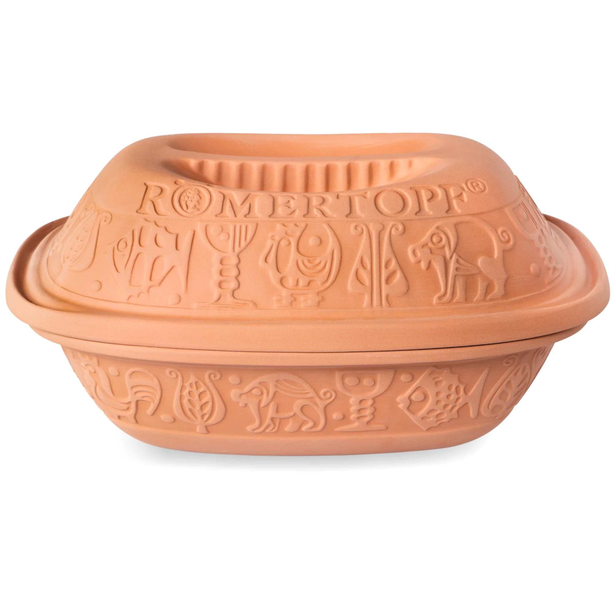 Klassischer Römertopf Bräter aus Naturton zum fettarmen Garen im Backofen Klassischer Römertopf-Bräter aus rötlichem Ton mit Deckel, bestehend aus Ober- und Unterteil, auf weißem Hintergrund.