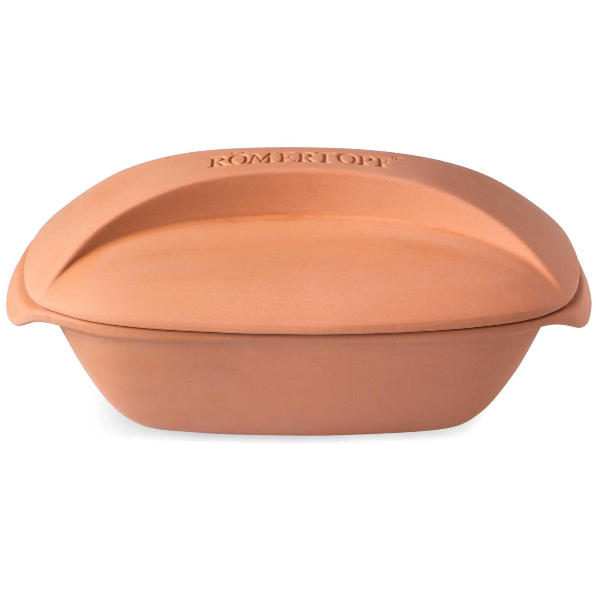 Römertopf Bräter Culinario aus Terrakotta – traditioneller Tontopf zum fettfreien Garen Rechteckiger Römertopf-Bräter aus naturfarbener Terrakotta mit passendem Deckel, auf weißem Hintergrund fotografiert.