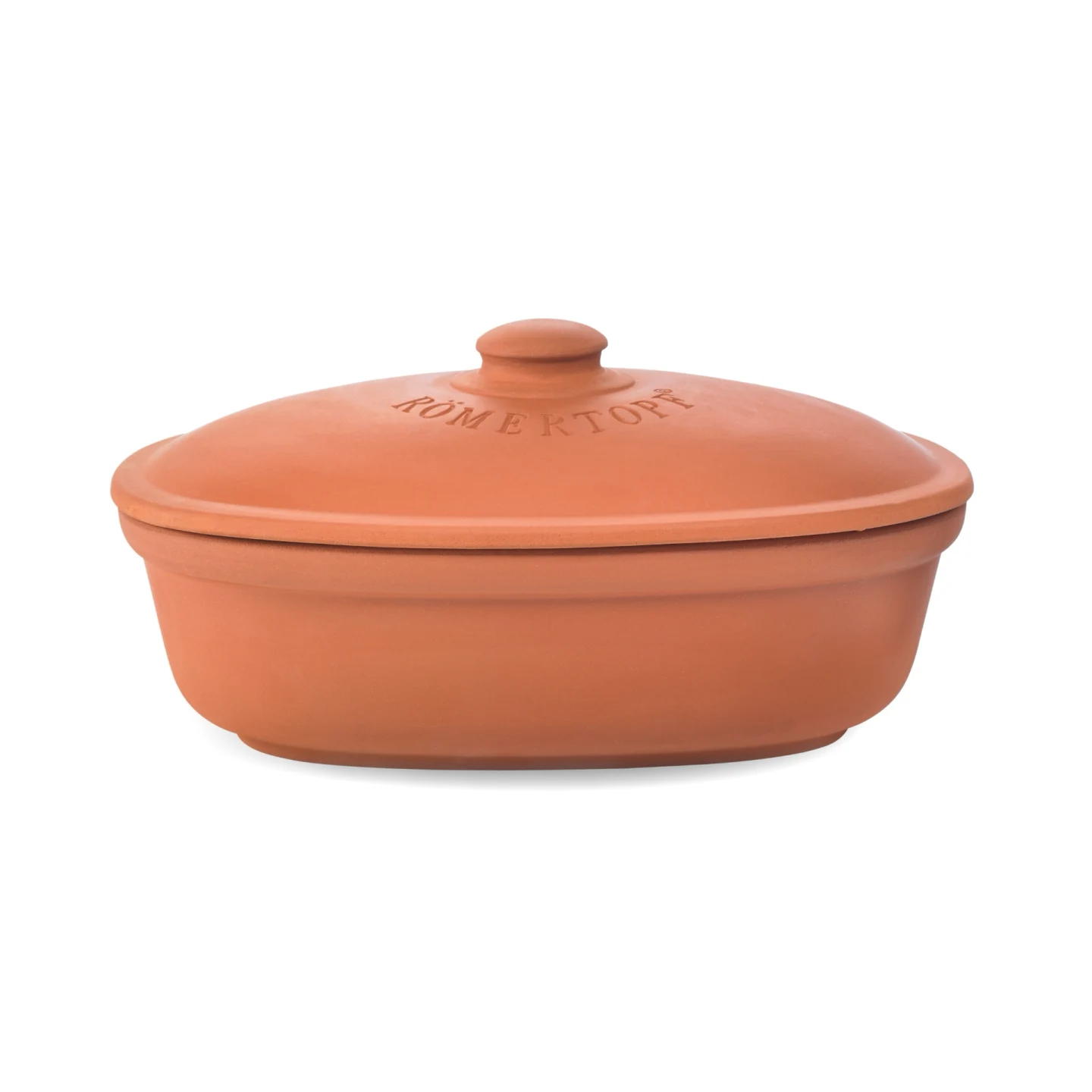 Römertopf Brottopf Frischetopf Medi aus Terracotta – Brot frisch halten ohne Plastik Römertopf Brottopf aus Terrakotta in ovaler Form mit passendem Deckel, naturfarben mit glatter Oberfläche, auf hellem Hintergrund stehend.