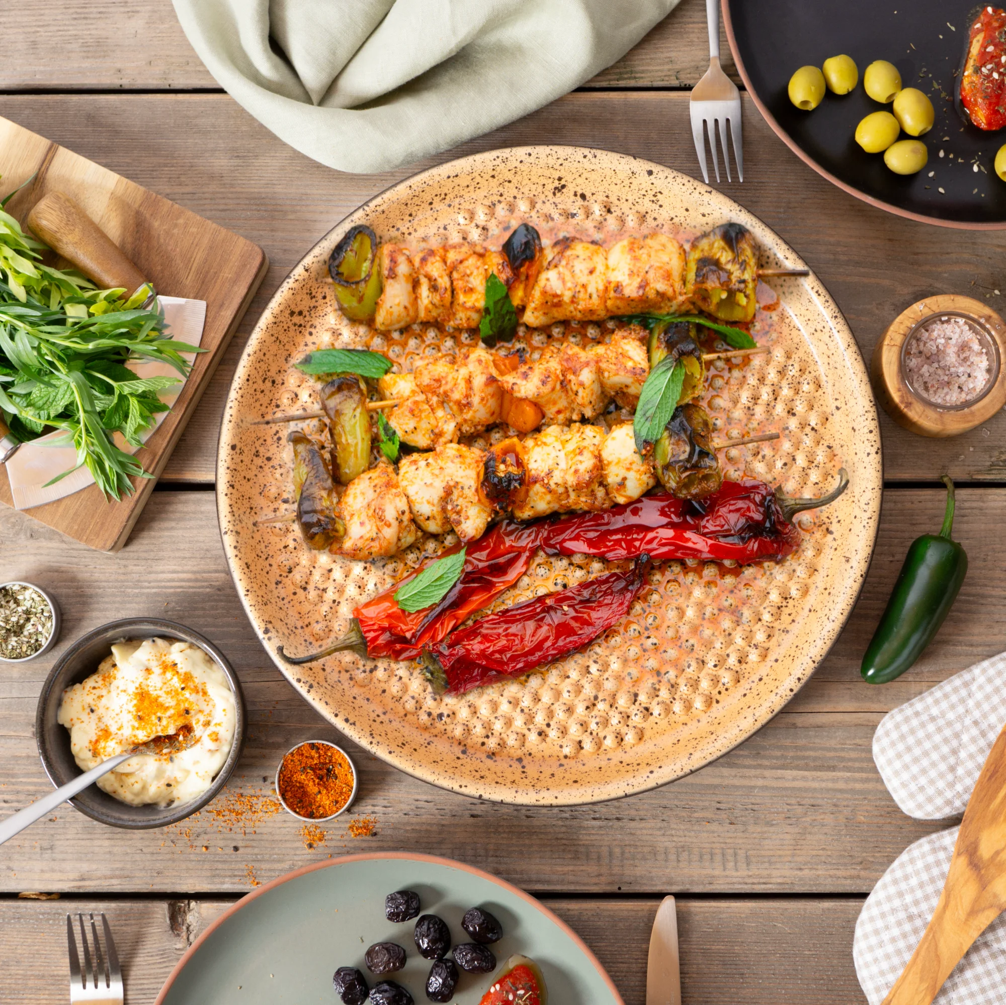 Römertopf Plancha rund mit Noppen – Grillplatte aus Keramik für gesundes Braten Runde, flache Grillplatte aus rotem Ton mit erhabenen Noppen, geeignet zum Braten und Grillen; liegt auf hellem Hintergrund.