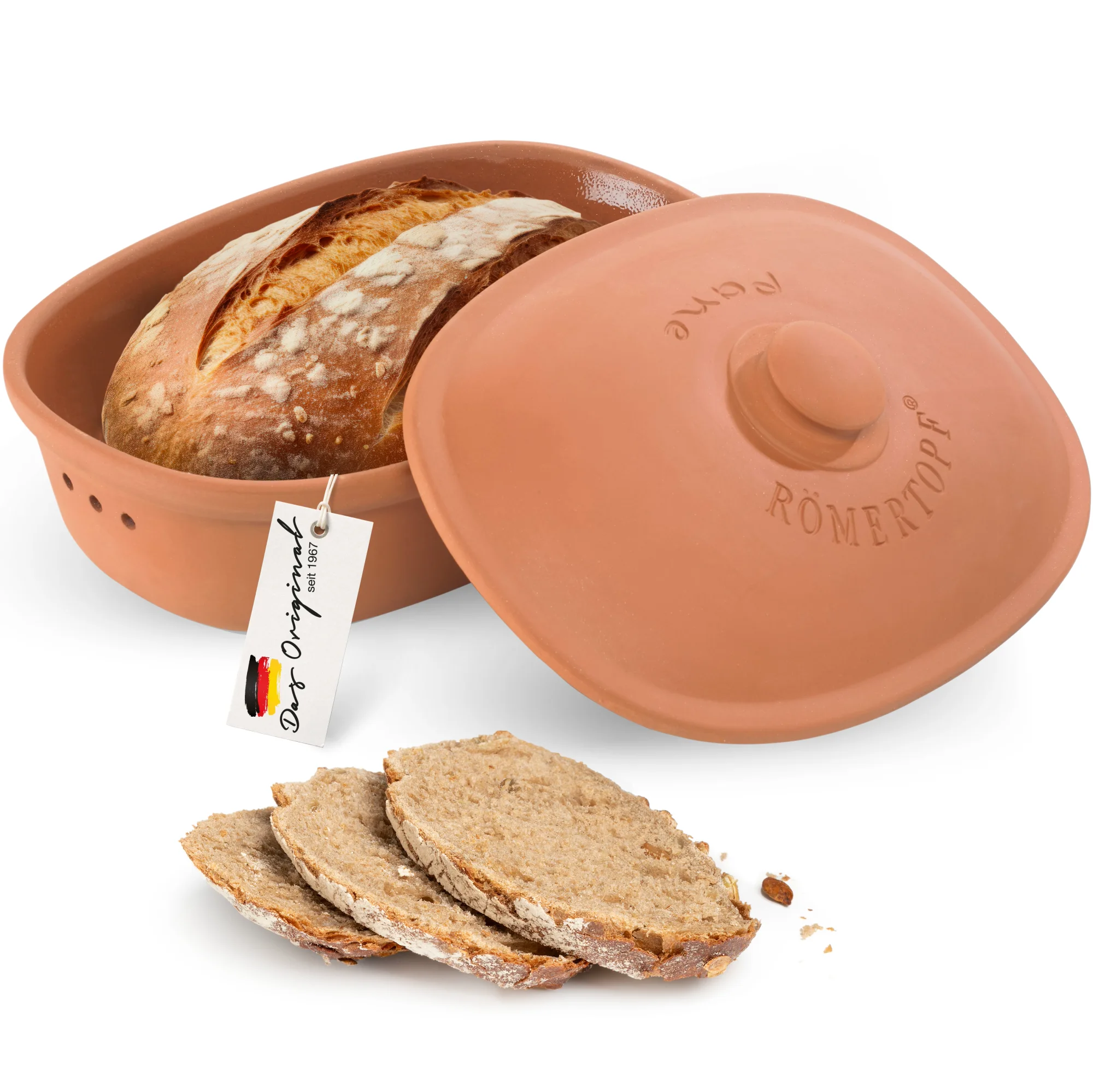 Römertopf Brottopf Frischetopf Medi aus Naturton mit Deckel – Brot frisch aufbewahren Runder Römertopf-Brottopf aus heller Keramik mit seitlichen Griffmulden und belüftetem Deckel, steht auf einer weißen Oberfläche vor neutralem Hintergrund.