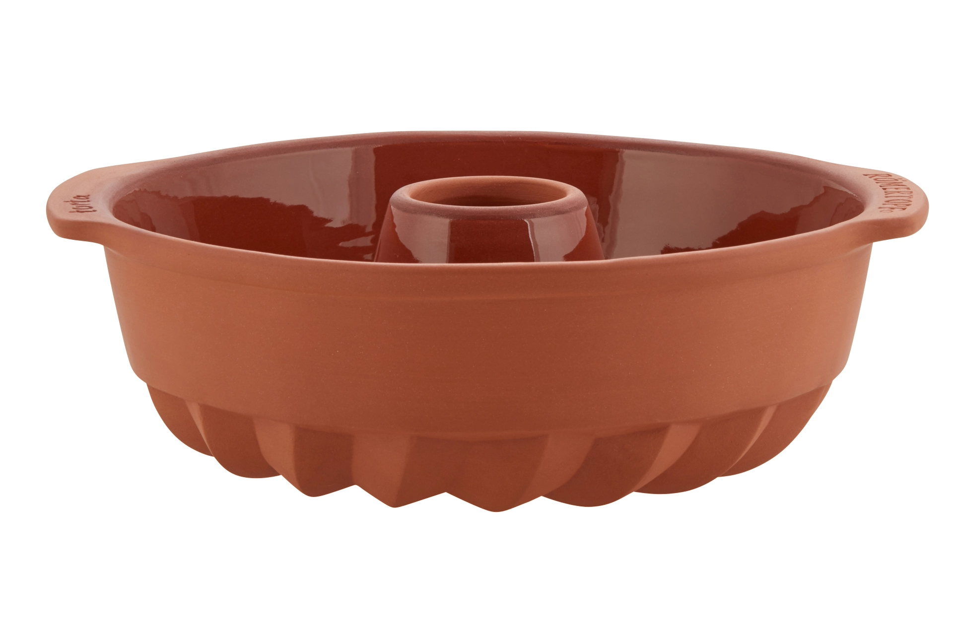 Römertopf Kranz-Kuchenform aus Naturton – Backform für saftige Gugelhupf & Hefekranz Runde Römertopf-Kranz-Kuchen-Form aus naturbelassenem Ton mit zentraler Öffnung und dekorativer Rippenstruktur, auf heller Unterlage stehend.