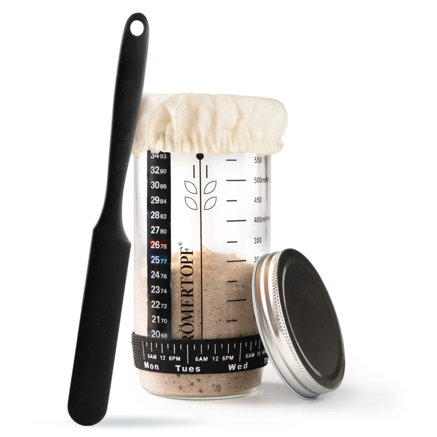 Sauerteig Starter Set – Römertopf Römertopf Sauerteig Starter Set: hohes Glas mit Stoffdeckel und Metalldeckel für Sauerteig-Anstellgut
