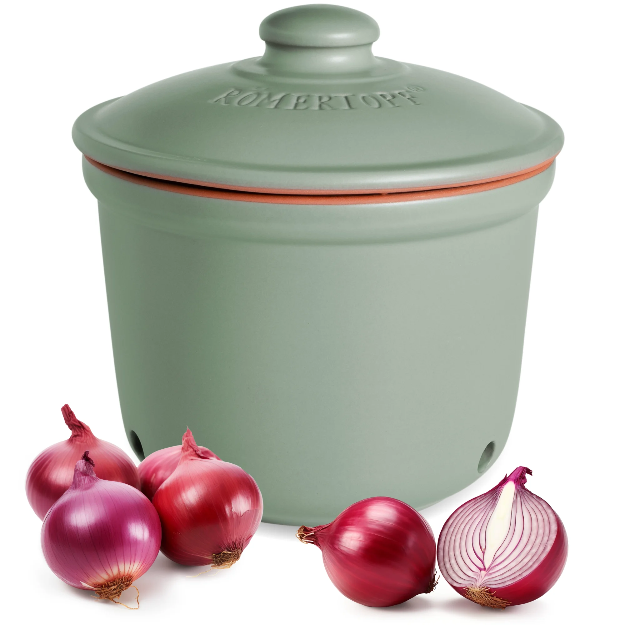 Zwiebeltopf MAXI 2,8 Liter Grün – Römertopf Grüner Römertopf Zwiebeltopf aus Keramik mit Deckel und kleinen Belüftungslöchern, stehend auf hellem Untergrund