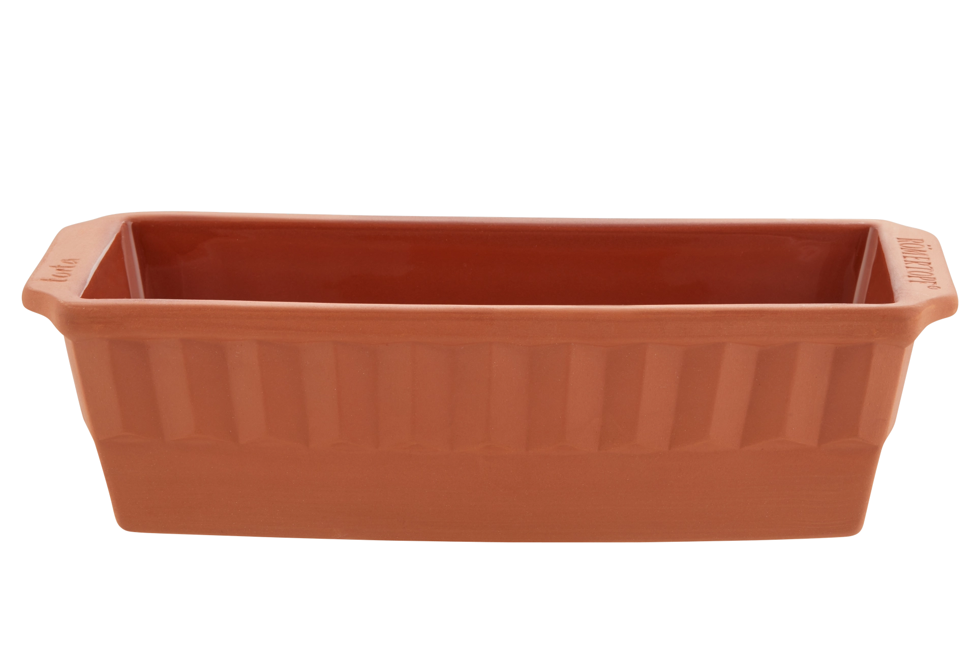 Römertopf Kuchenform aus Naturton – Rechteckige Kastenform für gesundes Backen Rechteckige Römertopf-Kastenform aus naturfarbenem Ton mit innenliegender Glasur, auf weißem Hintergrund, seitlich zwei kleine Griffe zur besseren Handhabung.