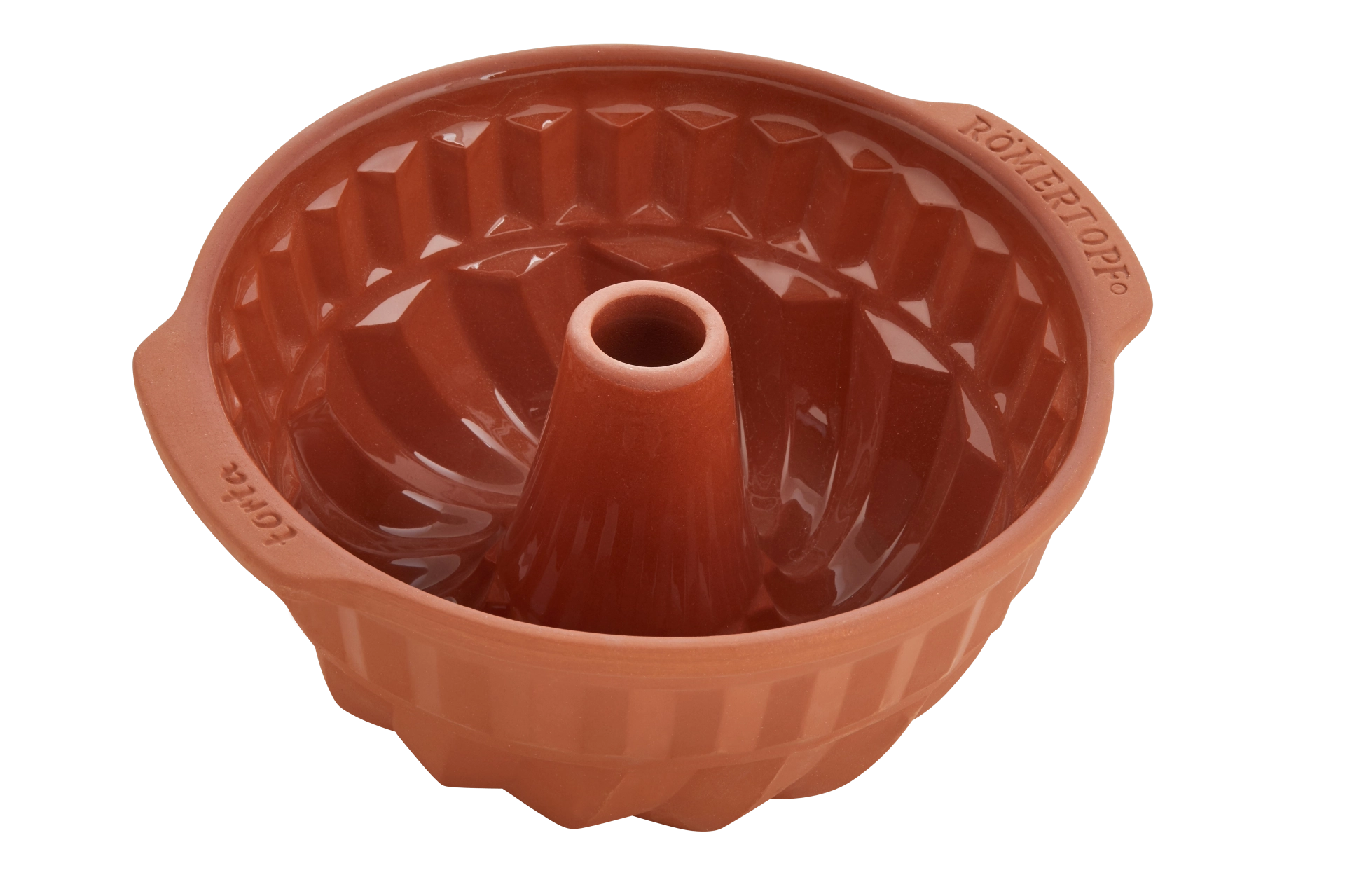 Kugelhupf Backform aus Ton von Römertopf – Natürlich Backen ohne Beschichtung Kugelhupf-Backform aus naturfarbenem Ton der Marke Römertopf mit geriffeltem Rand und mittigem Schornstein, auf weißem Hintergrund.