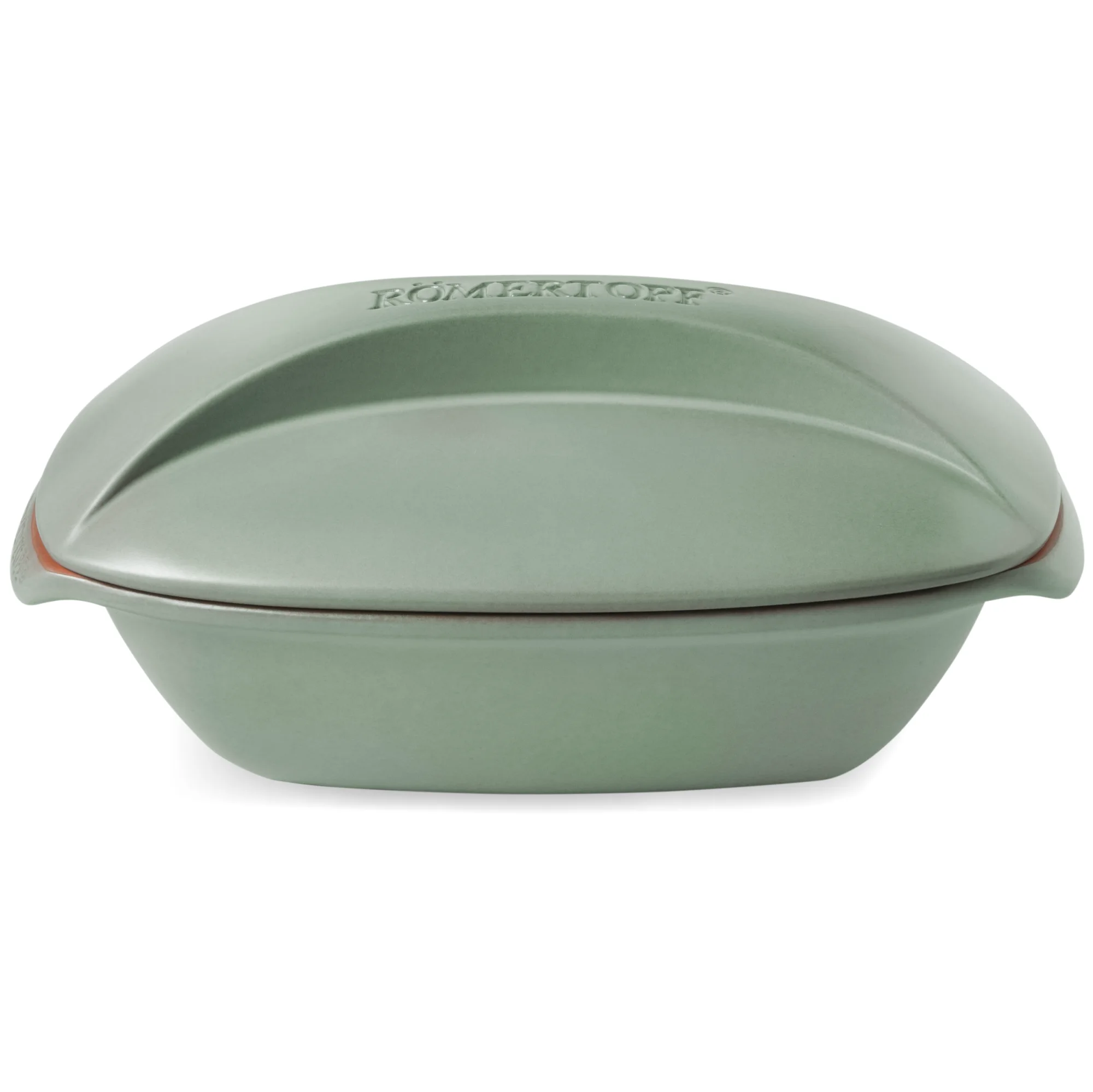 Römertopf Bräter Culinario grün – Keramikbräter mit Deckel für schonendes Garen Grüner Römertopf Bräter Culinario mit Deckel, aus Keramik, in ovaler Form auf neutralem Hintergrund.