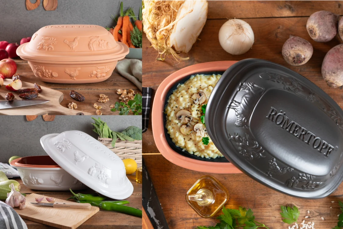 Rechteckiger Römertopf-Bräter aus naturbraunem Ton mit Deckel, Modell „Rustico“, auf weißem Hintergrund – traditionelles Kochgeschirr zum Garen im Ofen.