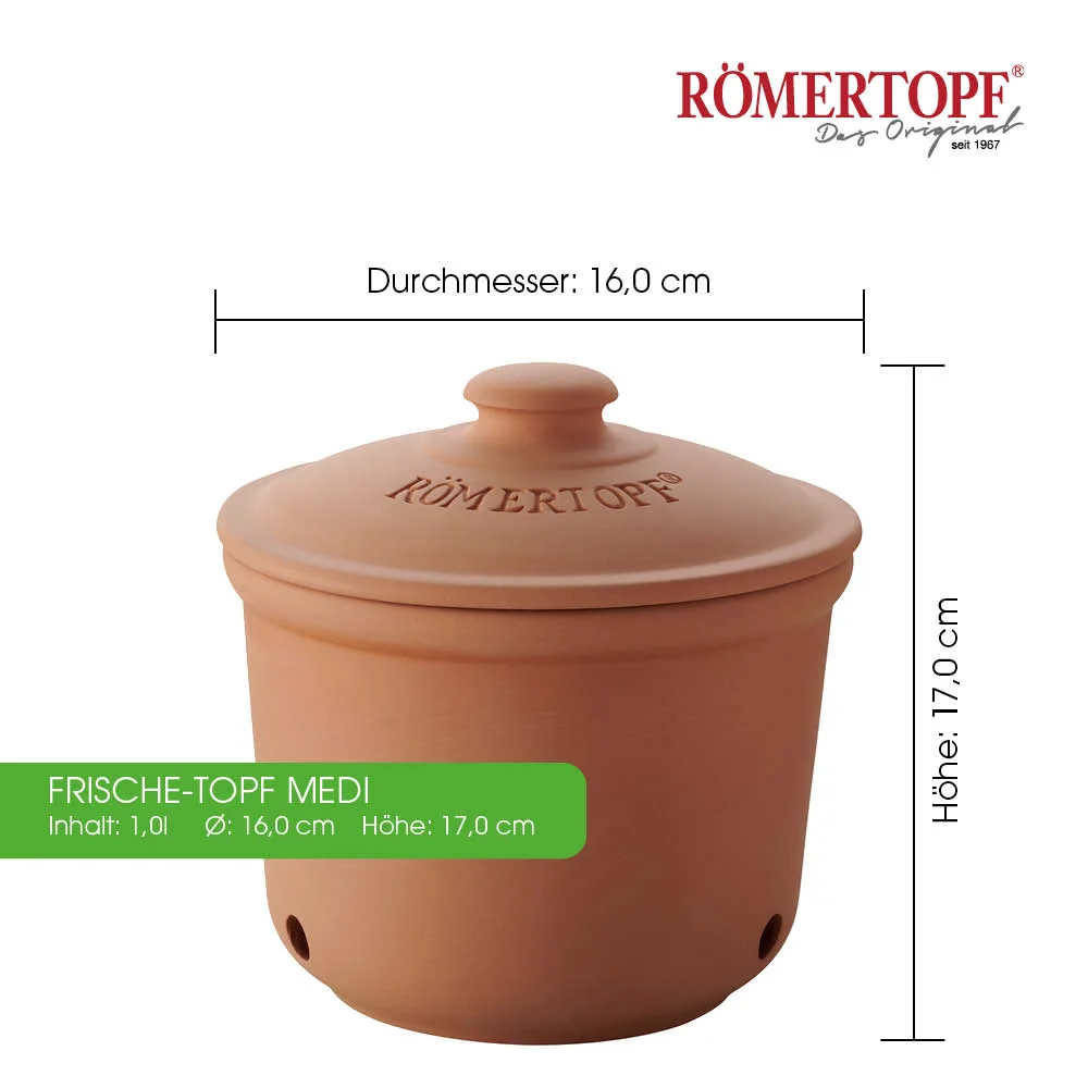 Römertopf Frischetopf aus Terrakotta – atmungsaktive Vorratsdose für Obst, Gemüse und Knoblauch Frischhaltedose aus Terrakotta von Römertopf mit Deckel, stehend auf einer Küchenarbeitsplatte; im geöffneten Topf befinden sich Zwiebeln und Knoblauch.