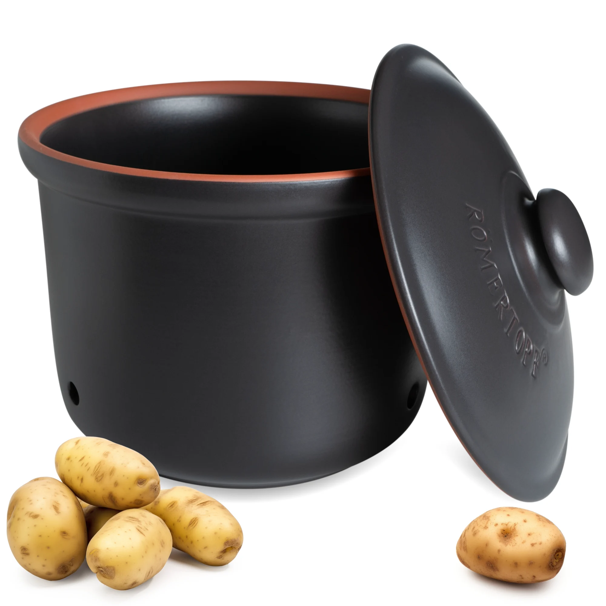 Kartoffeltopf Maxi Plus 5,5 Liter in Schwarz – Römertopf Schwarzer Römertopf Kartoffeltopf mit Deckel aus Ton, zylindrische Form, auf weißem Hintergrund