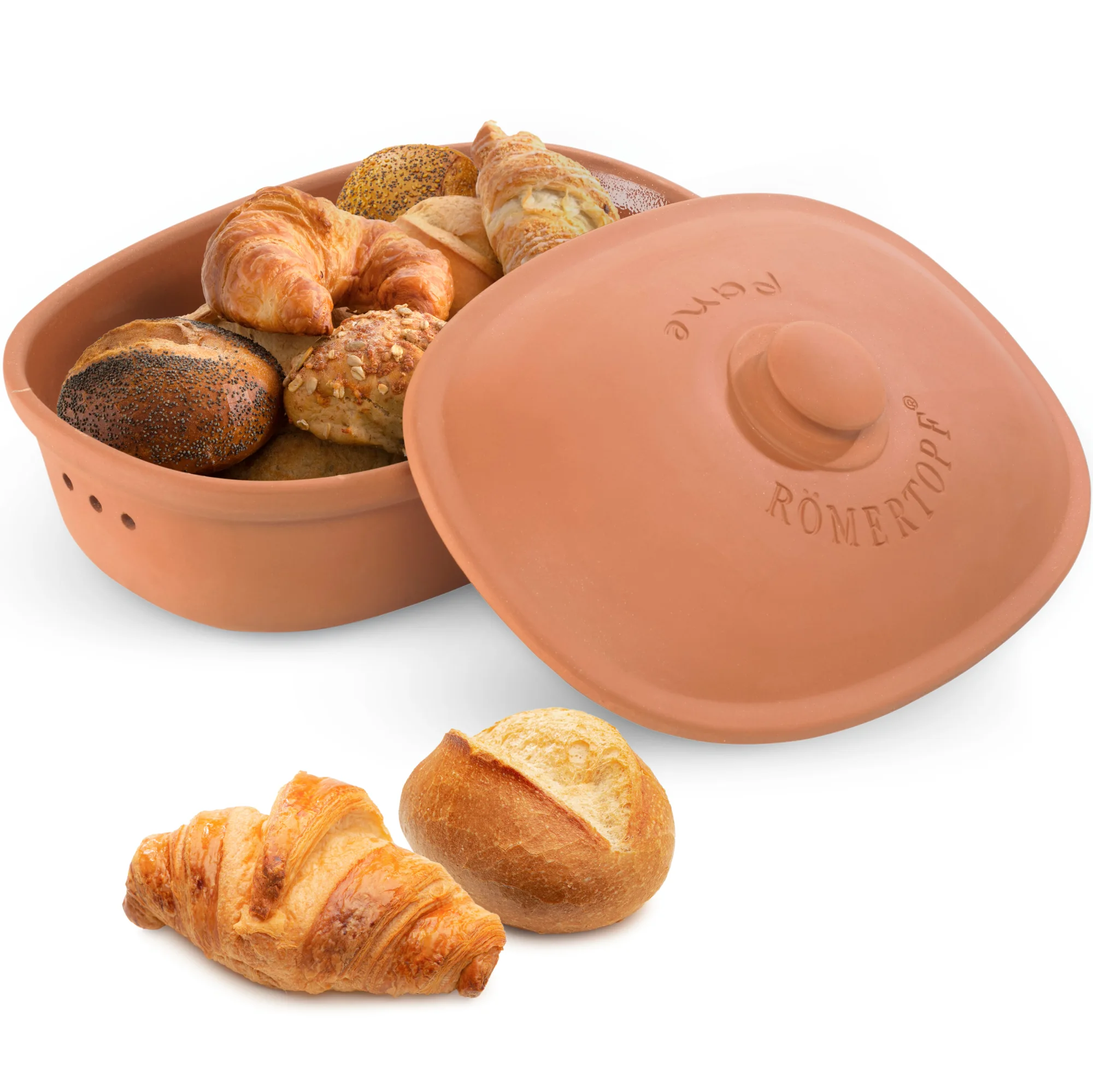 Römertopf Brottopf Maxi – Frischetopf zur optimalen Aufbewahrung von Brot und Brötchen Großer Römertopf Brottopf aus naturfarbenem Ton mit Deckel, Schriftzug „RÖMERTOPF BROT“ auf der Vorderseite; steht auf einer hellen Oberfläche mit neutralem Hintergrund.
