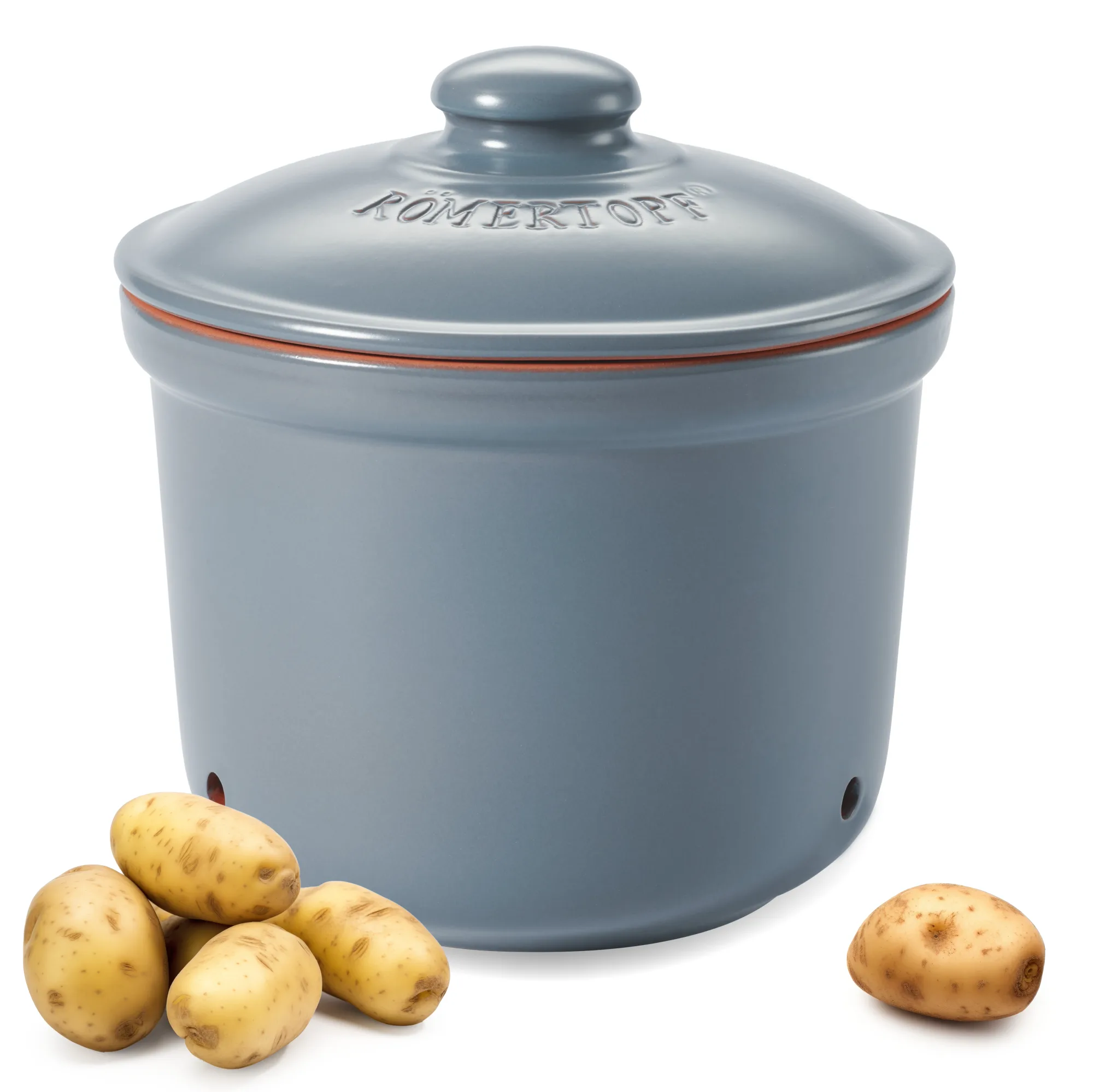 Kartoffeltopf Maxi Plus 5,5 Liter in Blaugrau – Römertopf Römertopf Kartoffeltopf Maxi Plus 5,5 Liter in Blaugrau, aus rotem Ton mit Deckel und Belüftungslöchern