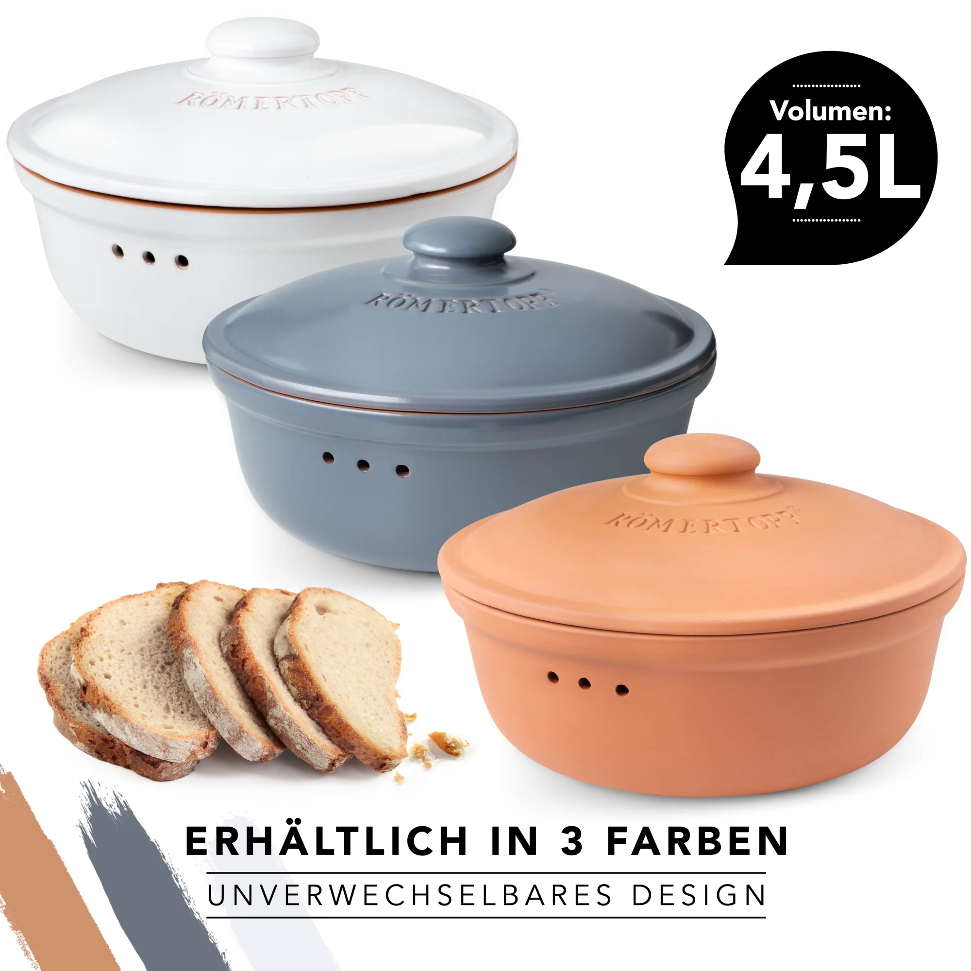 Römertopf Brottopf rund – Keramik Frischetopf zur Brotaufbewahrung – atmungsaktiv & hygienisch Runder Römertopf-Brottopf aus heller Keramik mit belüftetem Deckel, auf einem Holztisch stehend, im Hintergrund frisches Brot und Küchenutensilien.