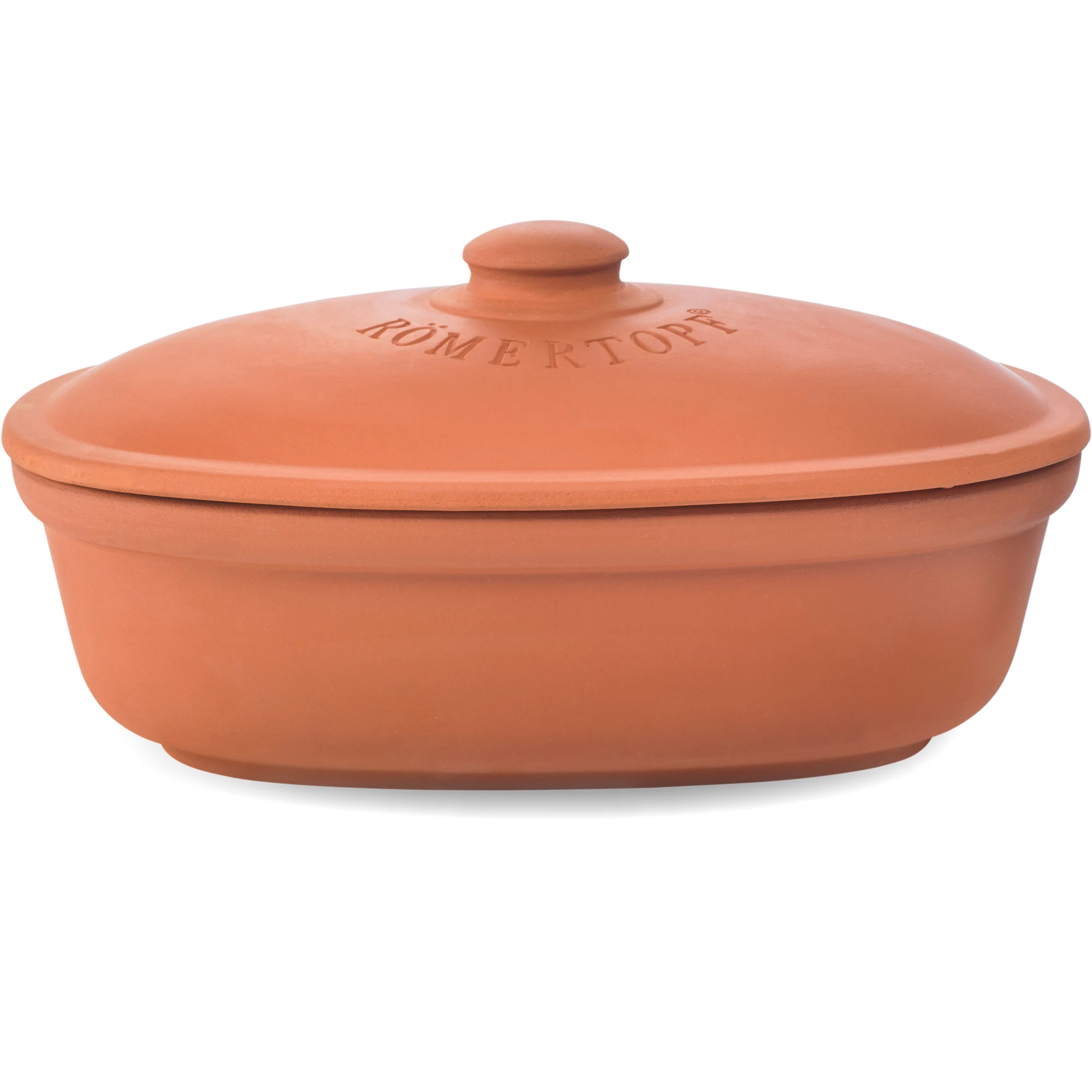 Römertopf Brottopf Maxi aus Terracotta – Frischetopf für lange Brotfrische Römertopf Brottopf "Frischetopf Maxi" aus Terrakotta mit Deckel, in Naturfarbe, auf neutralem Hintergrund.
