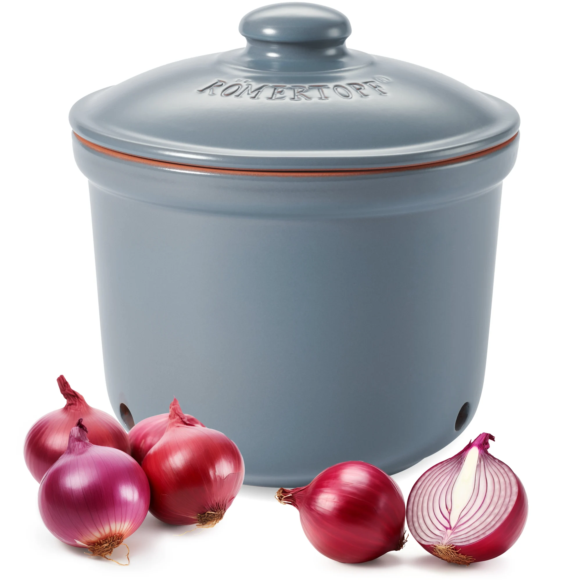 Zwiebeltopf MAXI 2,8 Liter Blaugrau – Römertopf Großer blaugrauer Zwiebeltopf aus Keramik mit Deckel, seitlichen Lüftungslöchern und geprägtem Schriftzug „Zwiebeln“